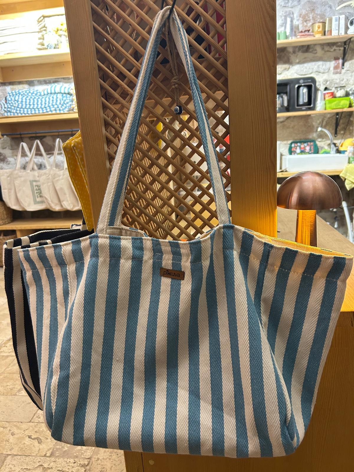 Candy Blue Fishbone Thin Handle Lined Fabric Bag