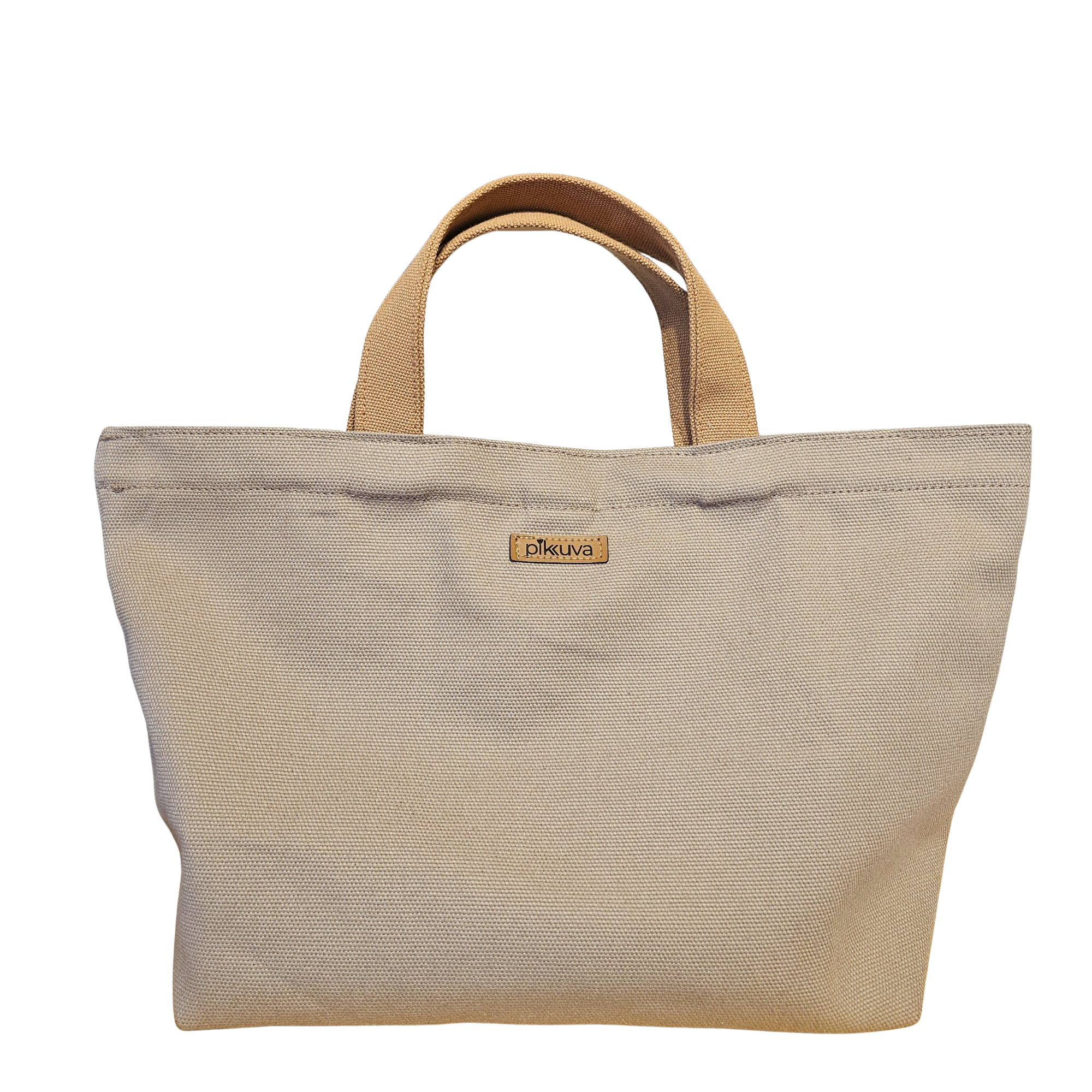 Beige Canvas Bag with Camel Handle and Snap Closure