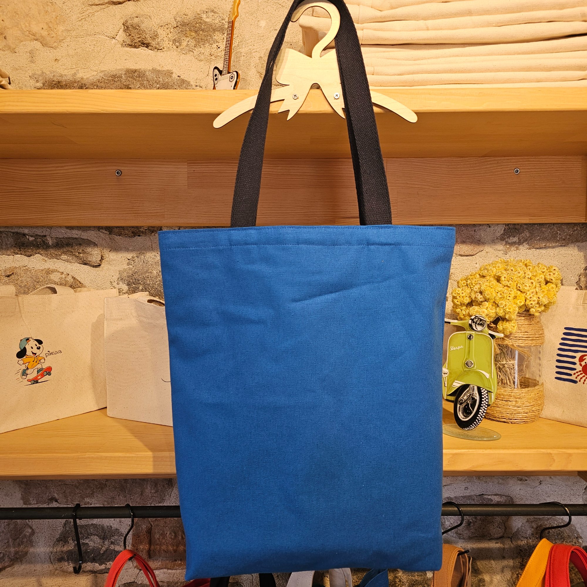 Canvas Bottom Long Bag - Fabric, 380g Canvas, Blue, Lining, Poplin, Wildflower Blue Background, Column, 3cm Column, Navy Blue, Snap, Large Snap Press, Oxide, Label, Leather Pikkuva, Light Tan image 5