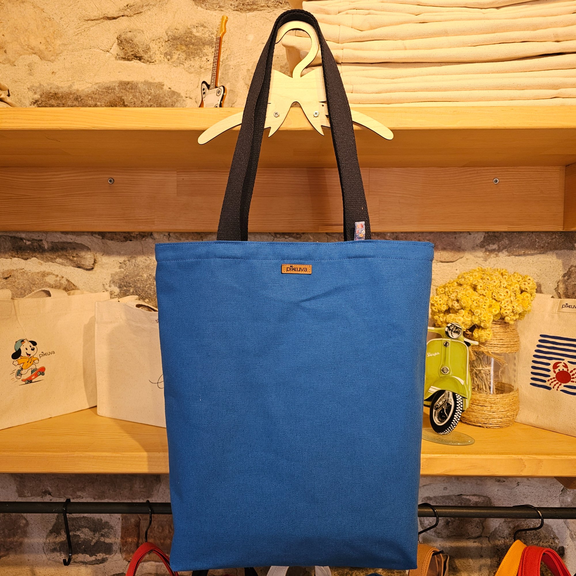 Canvas Bottom Long Bag - Fabric, 380g Canvas, Blue, Lining, Poplin, Wildflower Blue Background, Column, 3cm Column, Navy Blue, Snap, Large Snap Press, Oxide, Label, Leather Pikkuva, Light Tan image 2