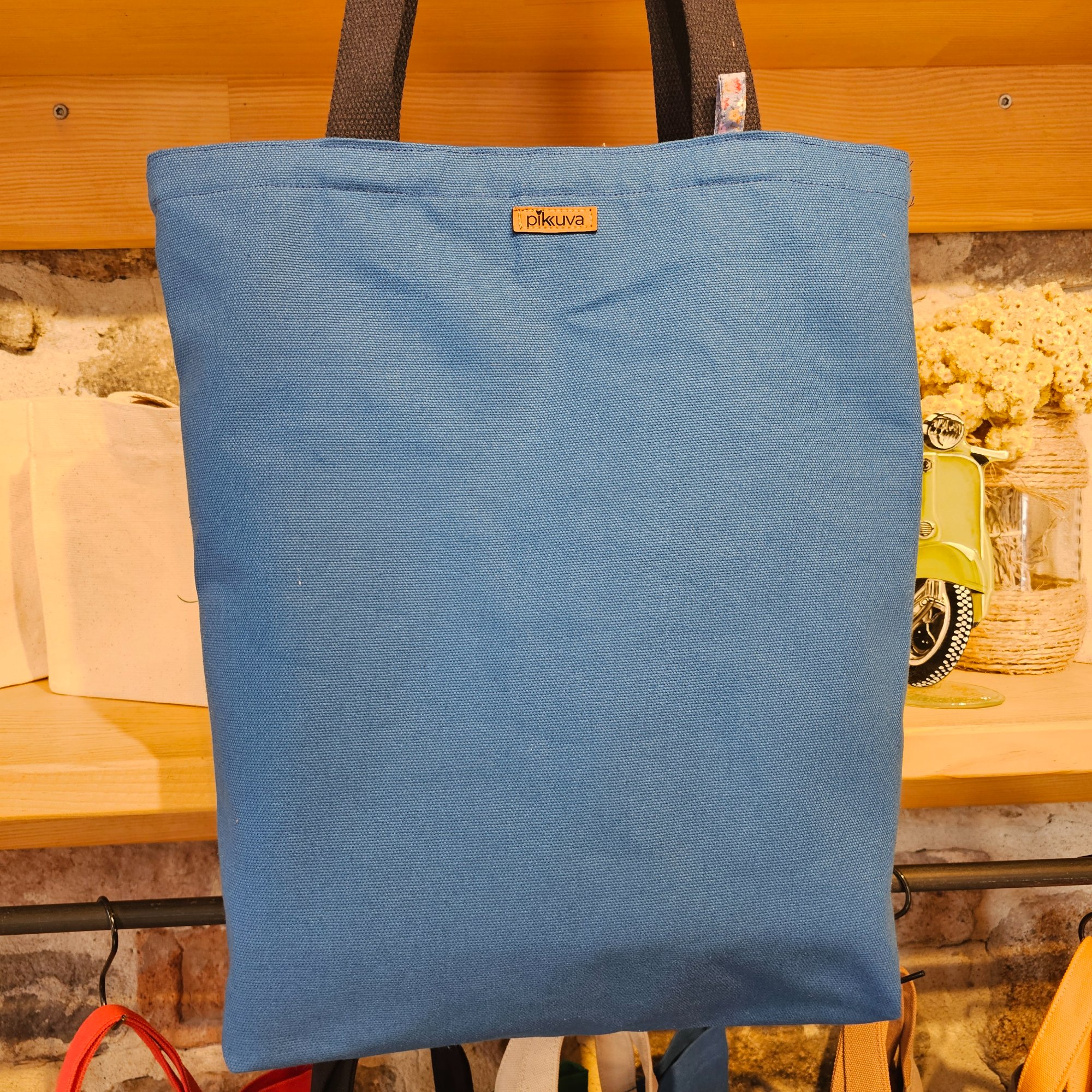 Canvas Bottom Long Bag - Fabric, 380g Canvas, Blue, Lining, Poplin, Wildflower Blue Background, Column, 3cm Column, Navy Blue, Snap, Large Snap Press, Oxide, Label, Leather Pikkuva, Light Tan image 4