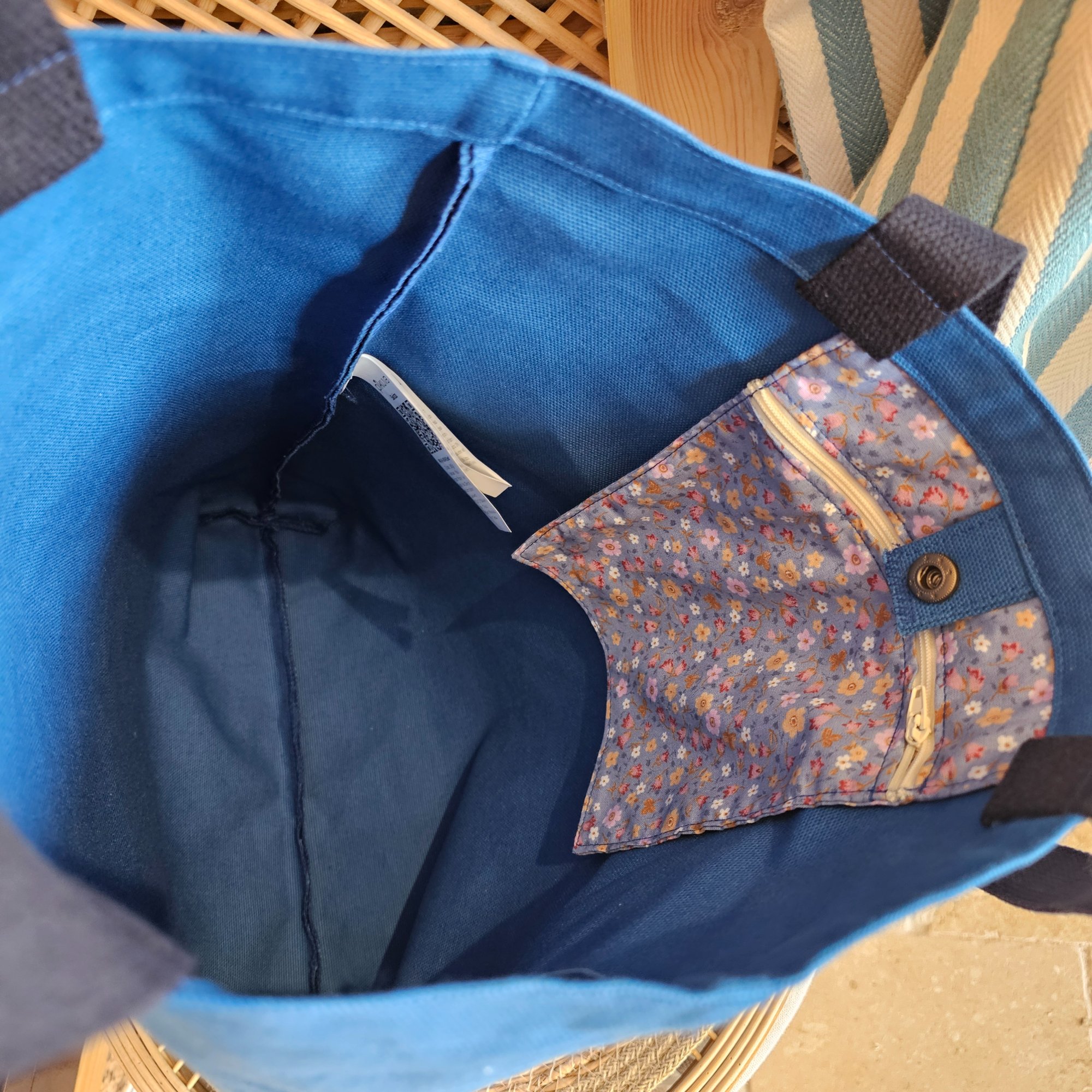 Canvas Bottom Long Bag - Fabric, 380g Canvas, Blue, Lining, Poplin, Wildflower Blue Background, Column, 3cm Column, Navy Blue, Snap, Large Snap Press, Oxide, Label, Leather Pikkuva, Light Tan image 6