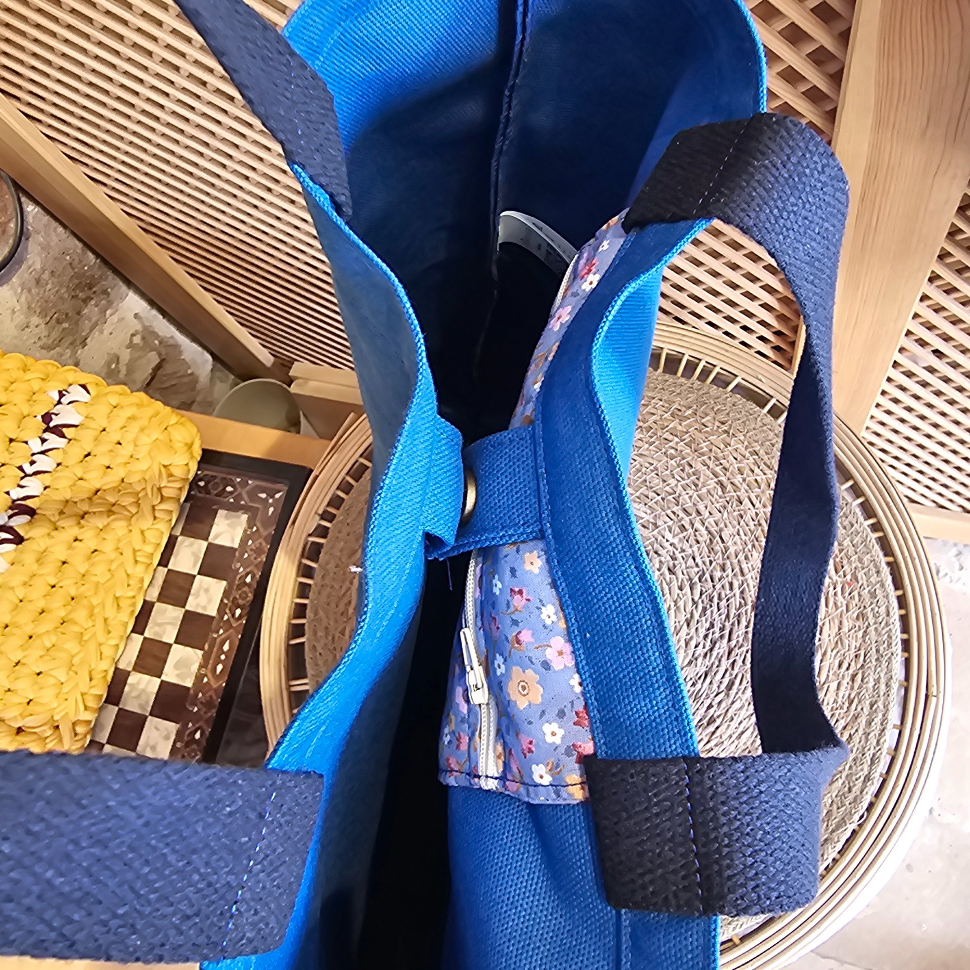 Canvas Bottom Long Bag - Fabric, 380g Canvas, Blue, Lining, Poplin, Wildflower Blue Background, Column, 3cm Column, Navy Blue, Snap, Large Snap Press, Oxide, Label, Leather Pikkuva, Light Tan image 7