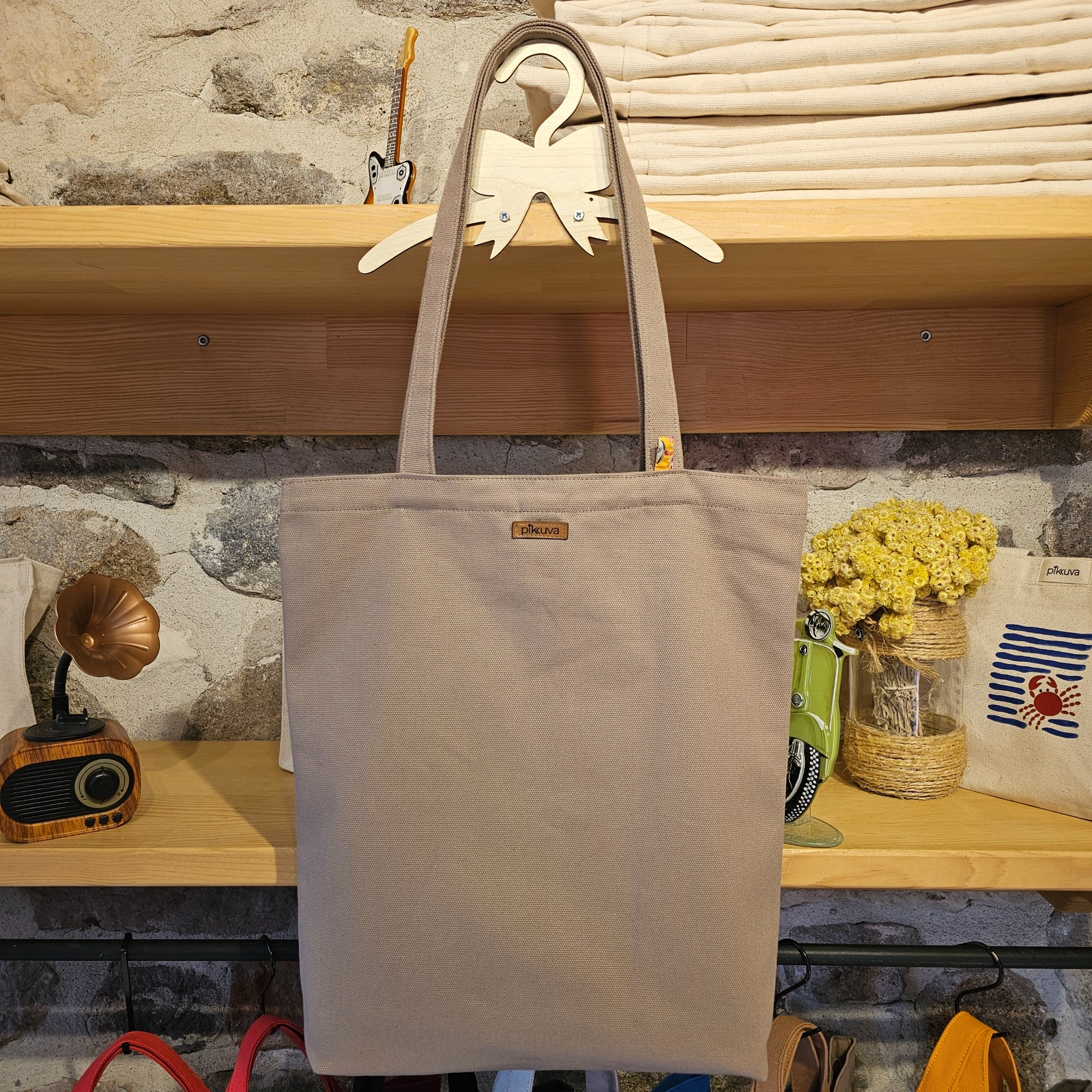 Beige Handle Snap Closure Beige Canvas Bag image 2