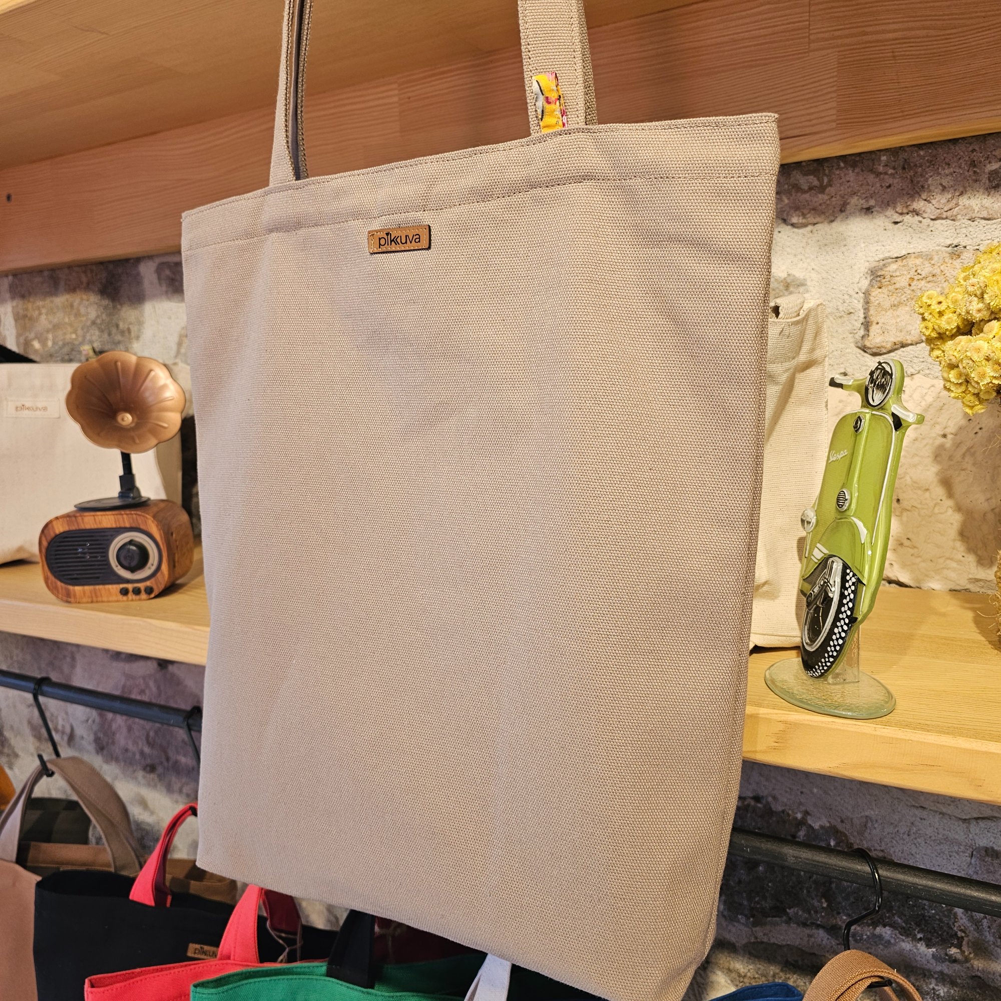 Beige Handle Snap Closure Beige Canvas Bag image 4