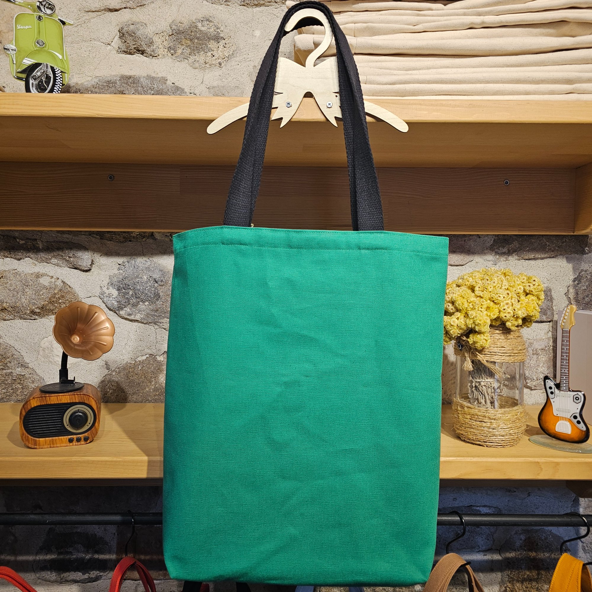 Canvas Bottom Long Bag - Fabric, 380g Canvas, Green, Lining, Poplin, Light Green Base with Yellow Flower, Column, 3cm Column, Khaki, Snap, Large Snap Press, Oxidized, Label, Leather Pikkuva, Light Tan image 5