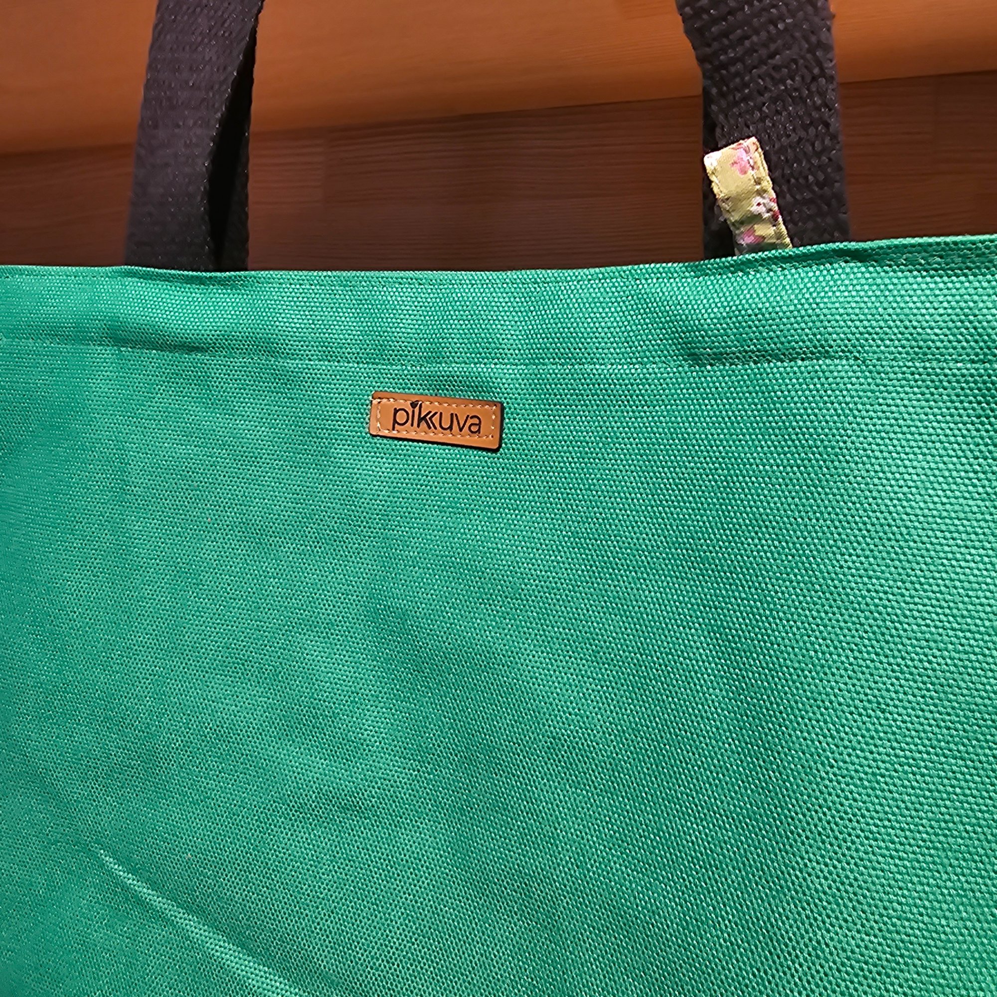Canvas Bottom Long Bag - Fabric, 380g Canvas, Green, Lining, Poplin, Light Green Base with Yellow Flower, Column, 3cm Column, Khaki, Snap, Large Snap Press, Oxidized, Label, Leather Pikkuva, Light Tan image 3