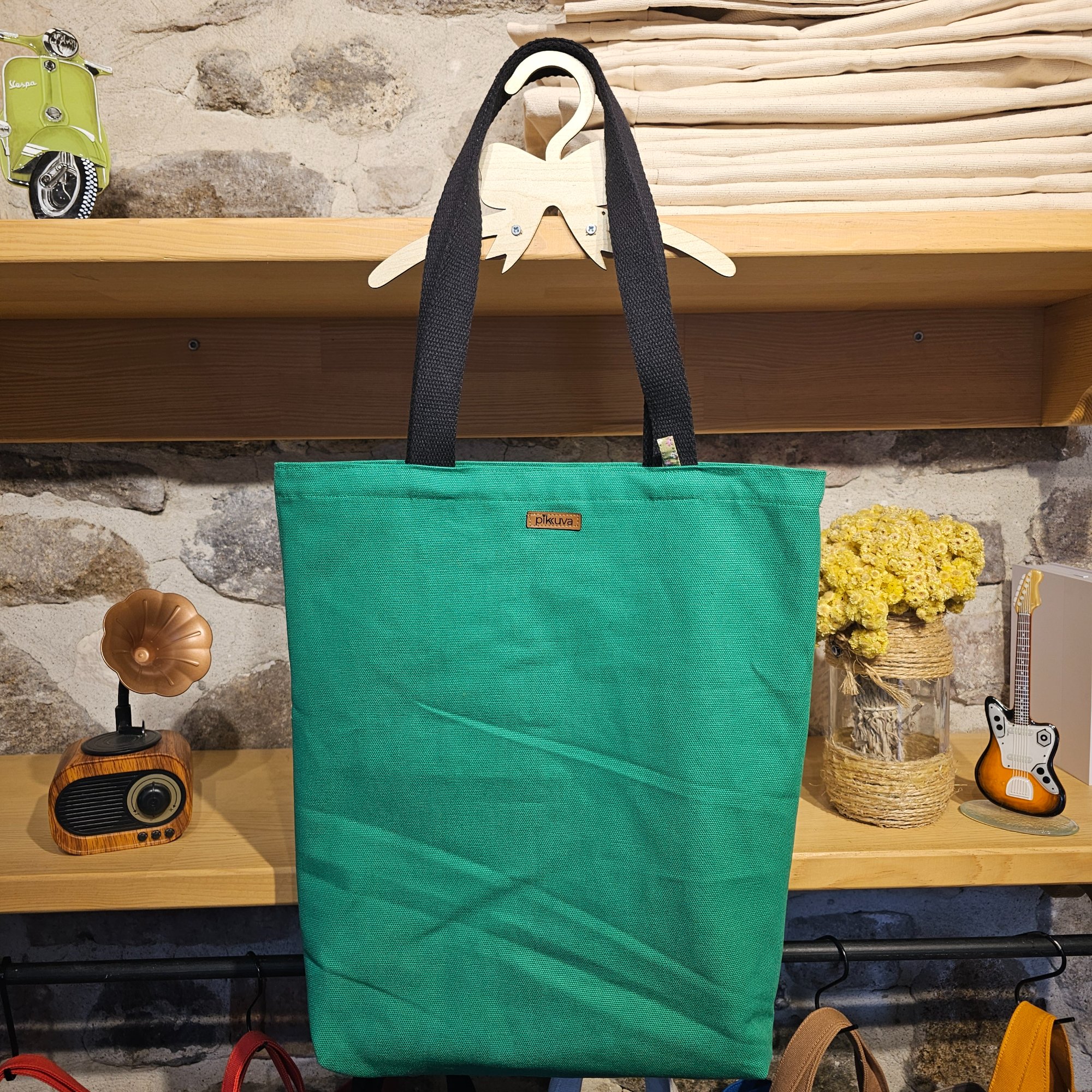 Canvas Bottom Long Bag - Fabric, 380g Canvas, Green, Lining, Poplin, Light Green Base with Yellow Flower, Column, 3cm Column, Khaki, Snap, Large Snap Press, Oxidized, Label, Leather Pikkuva, Light Tan image 2