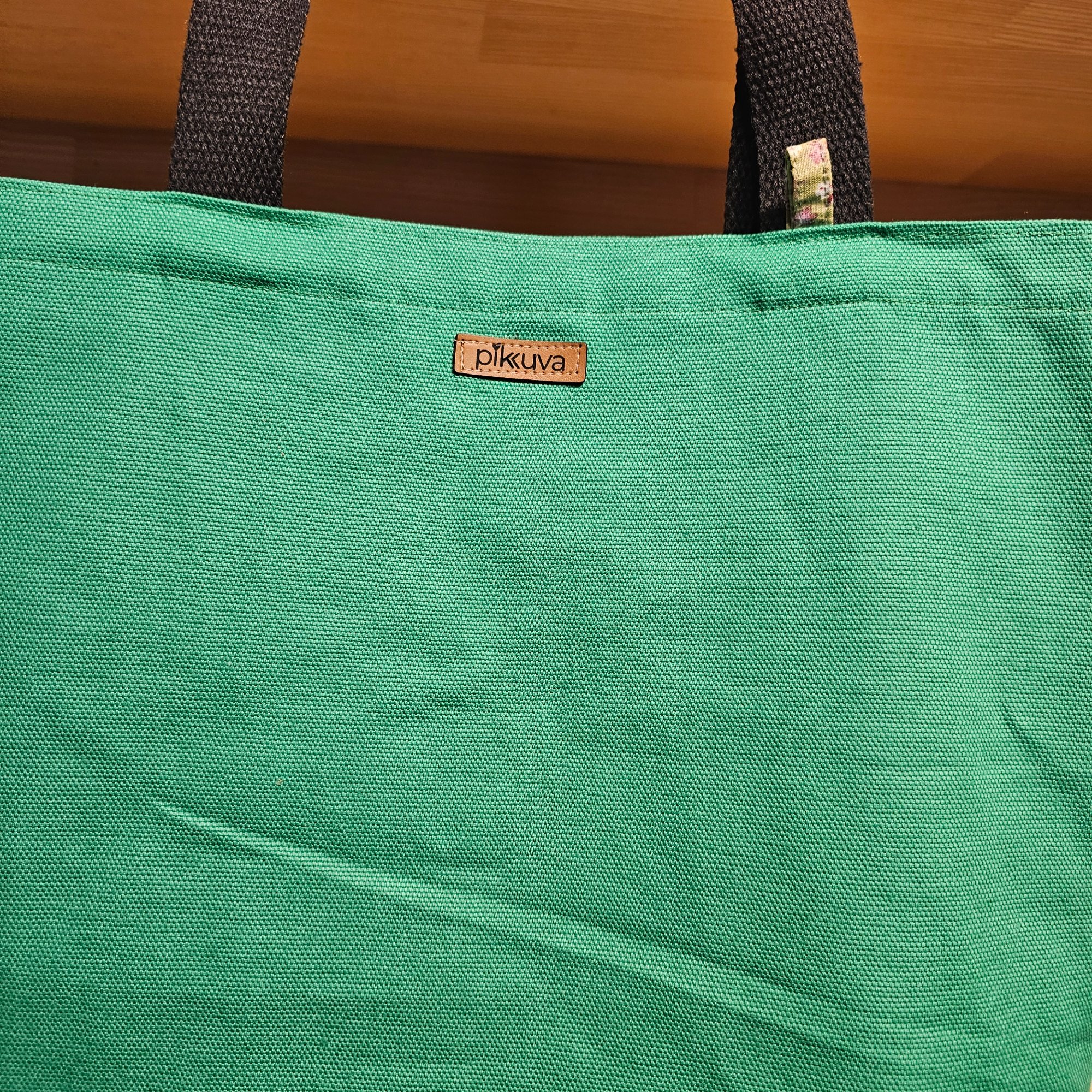 Canvas Bottom Long Bag - Fabric, 380g Canvas, Green, Lining, Poplin, Light Green Base with Yellow Flower, Column, 3cm Column, Khaki, Snap, Large Snap Press, Oxidized, Label, Leather Pikkuva, Light Tan image 4