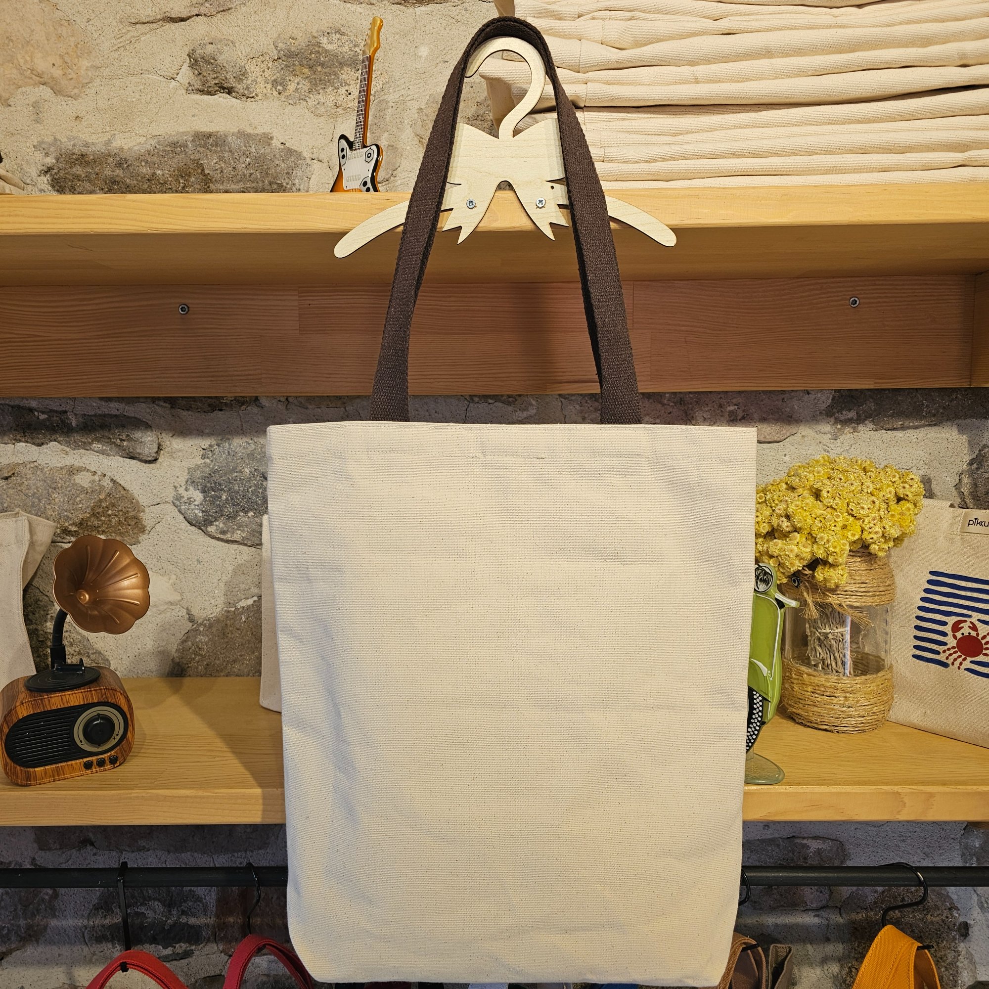 Dark Brown Handled Snap Closure Natural Canvas Bag image 7