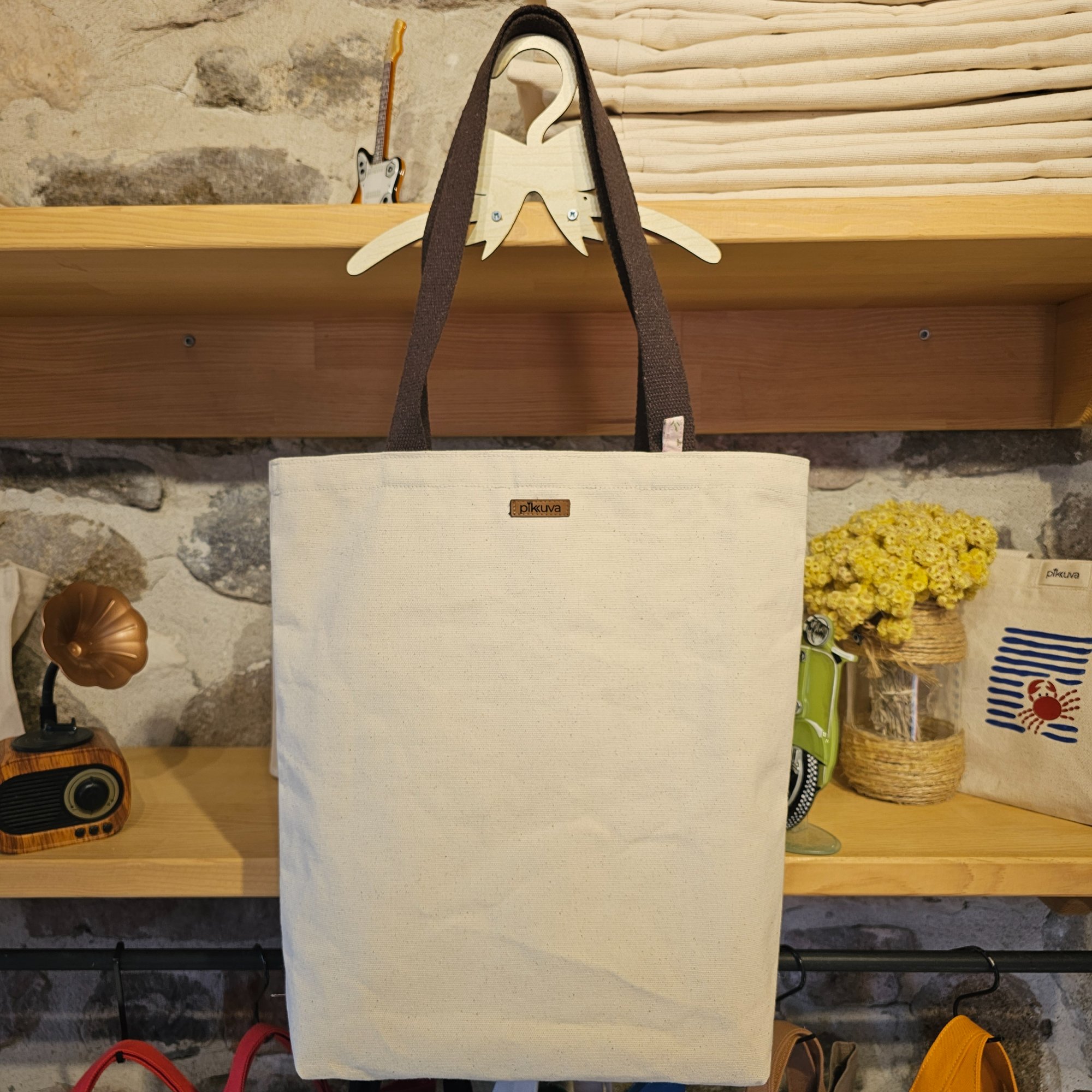 Dark Brown Handled Snap Closure Natural Canvas Bag image 2