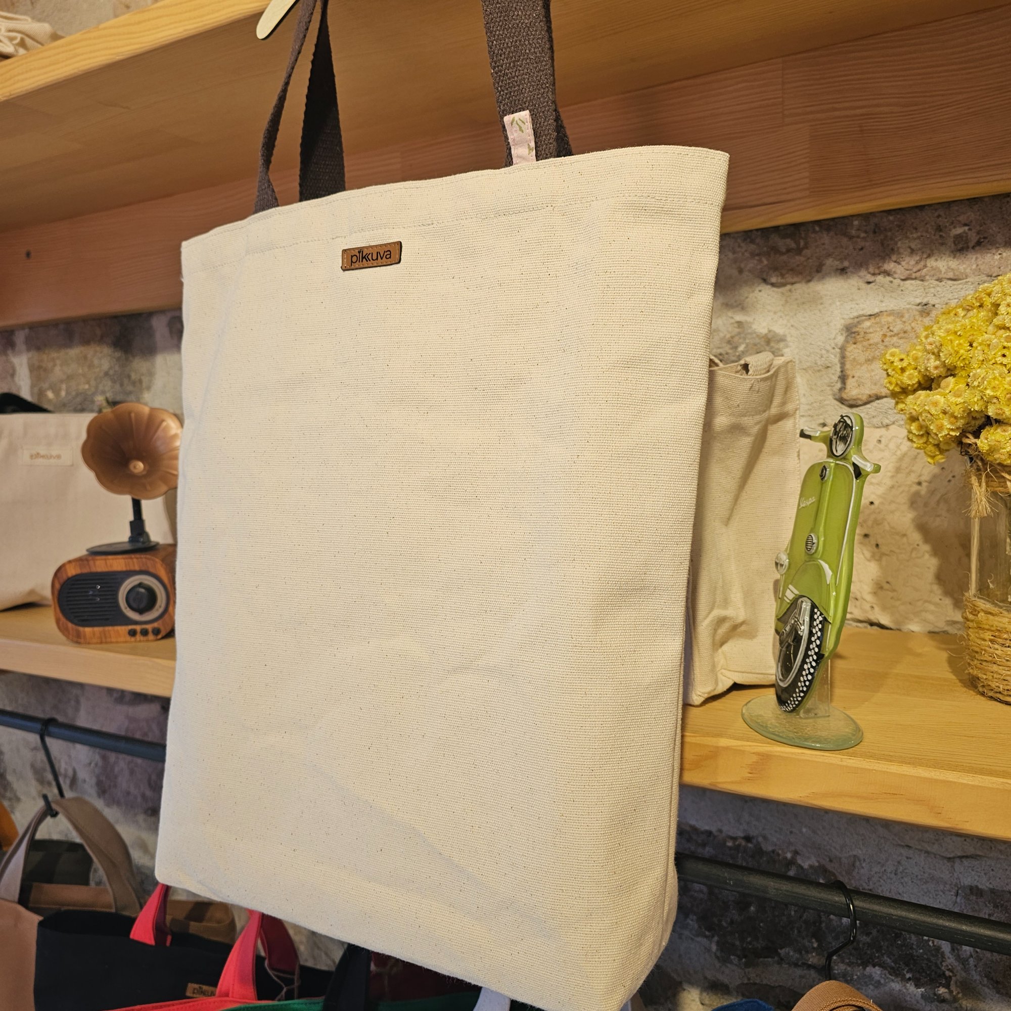 Dark Brown Handled Snap Closure Natural Canvas Bag image 4