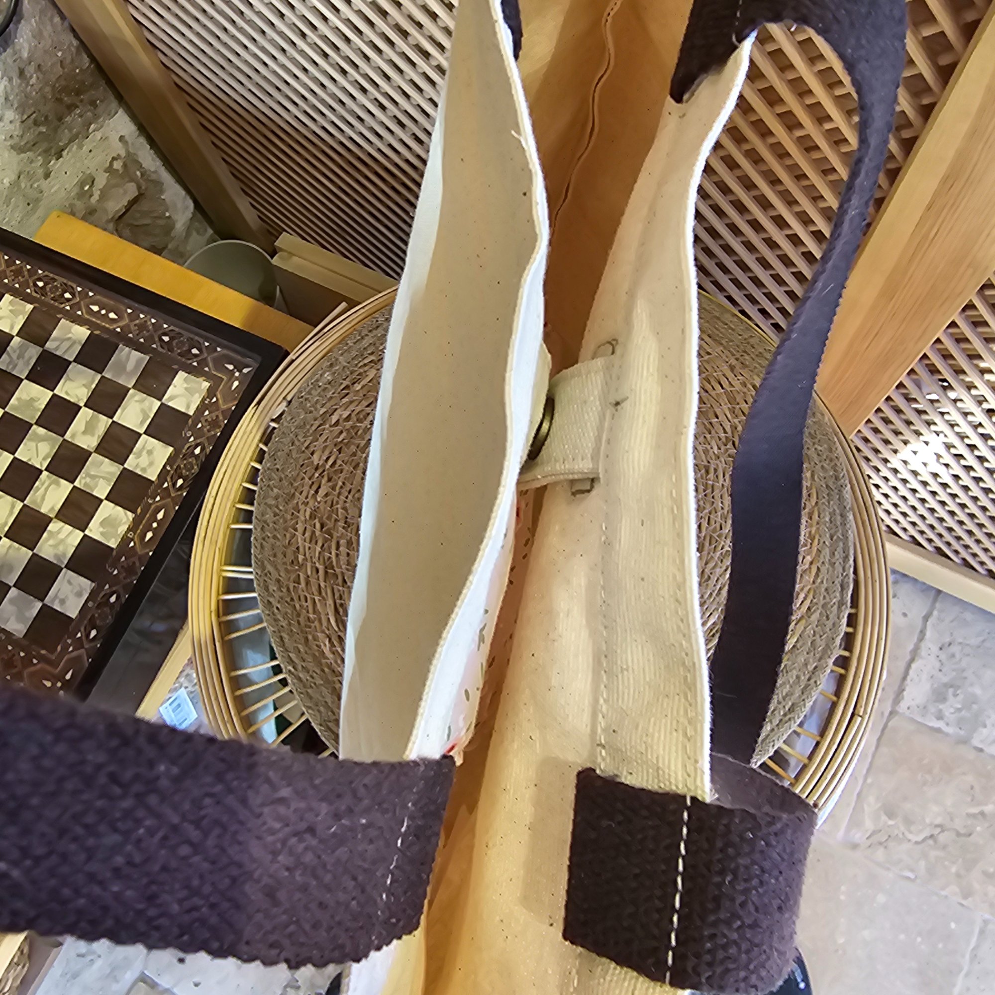Dark Brown Handled Snap Closure Natural Canvas Bag image 6
