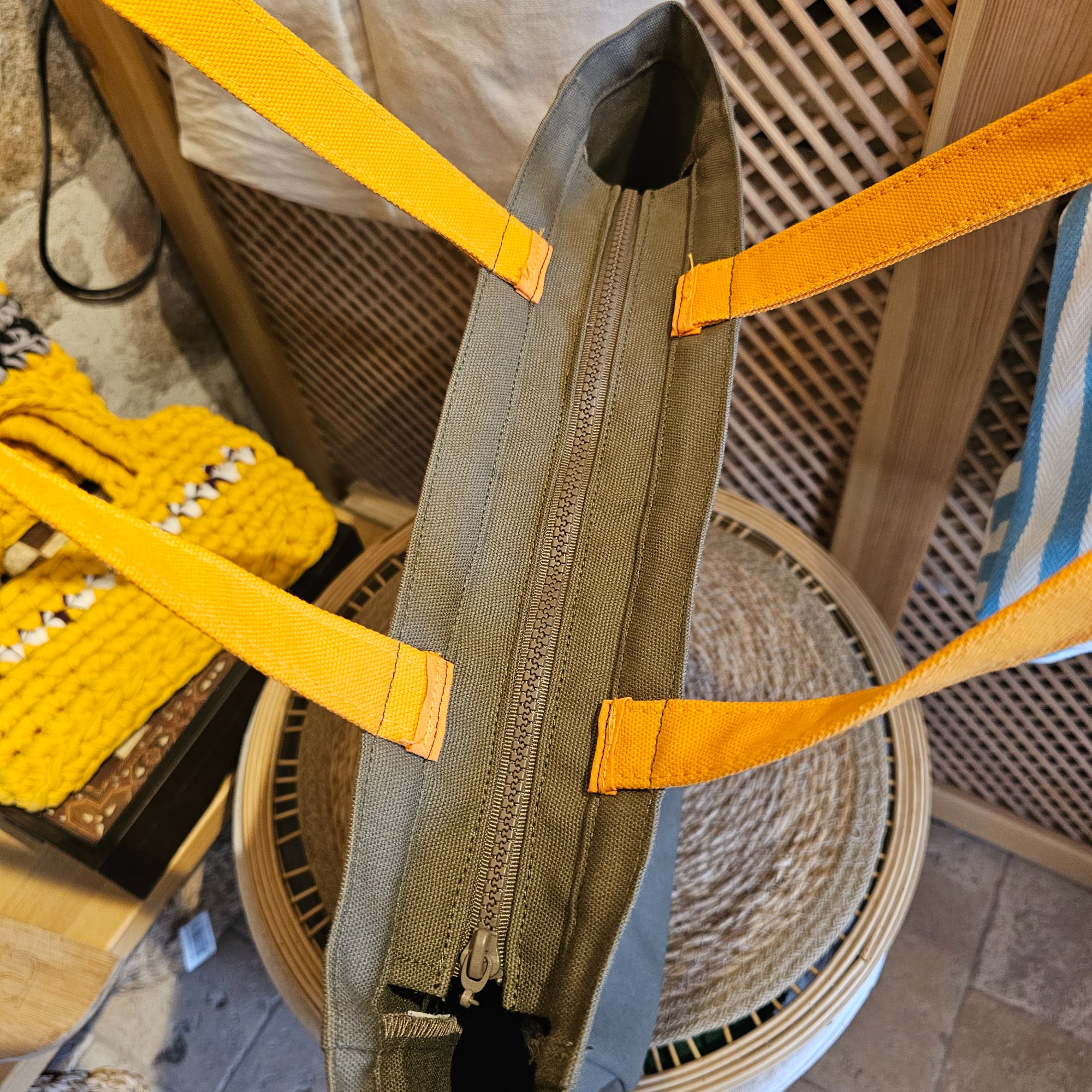 Kışlık Turuncu Saplı Fermuarlı Haki No Sugar Kanvas Bez Çanta image 6