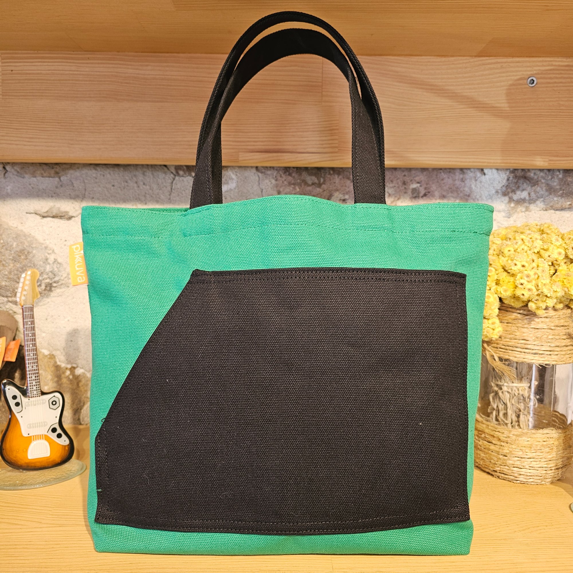 Black Pocketed Black Handled Green Canvas Bag image 4