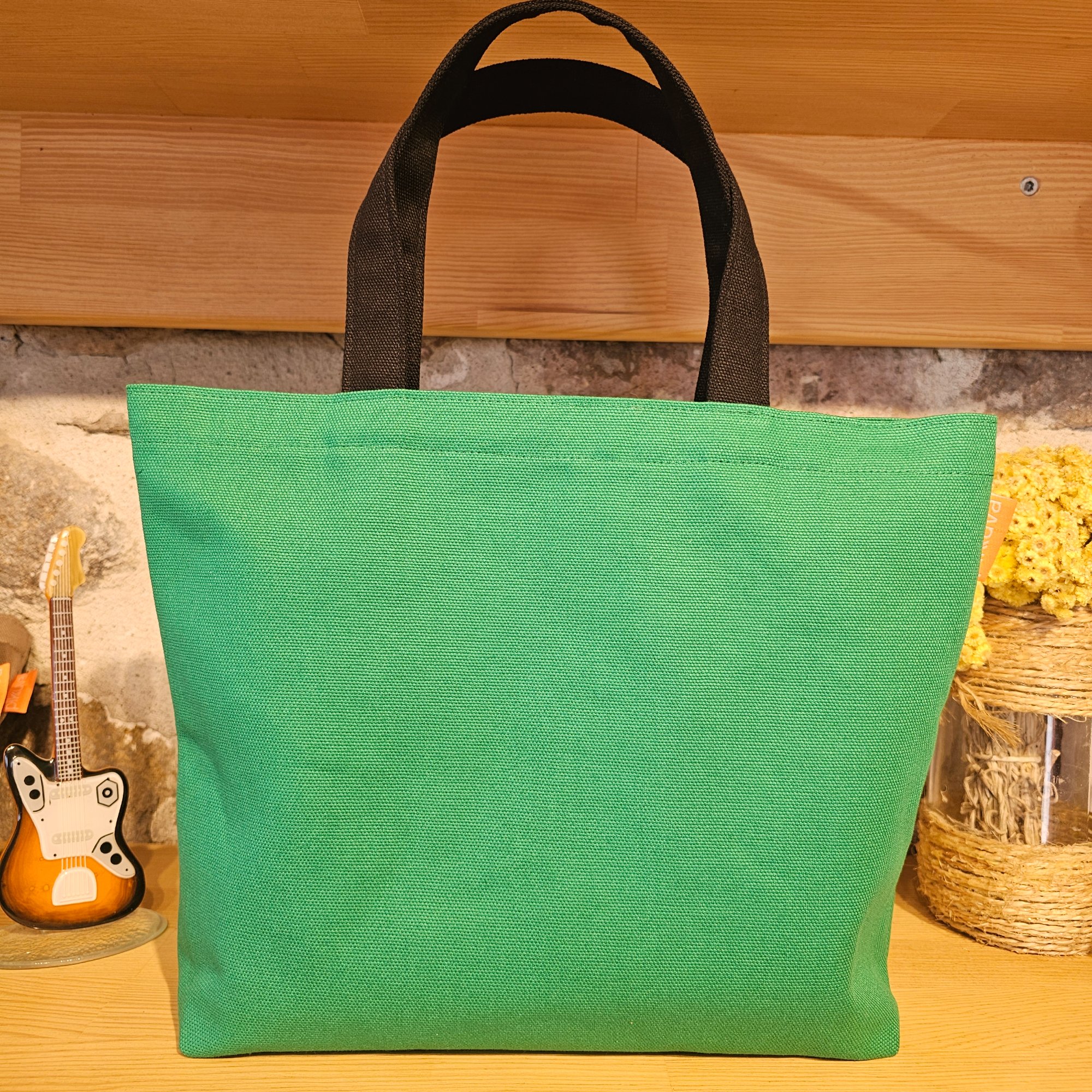 Black Pocketed Black Handled Green Canvas Bag