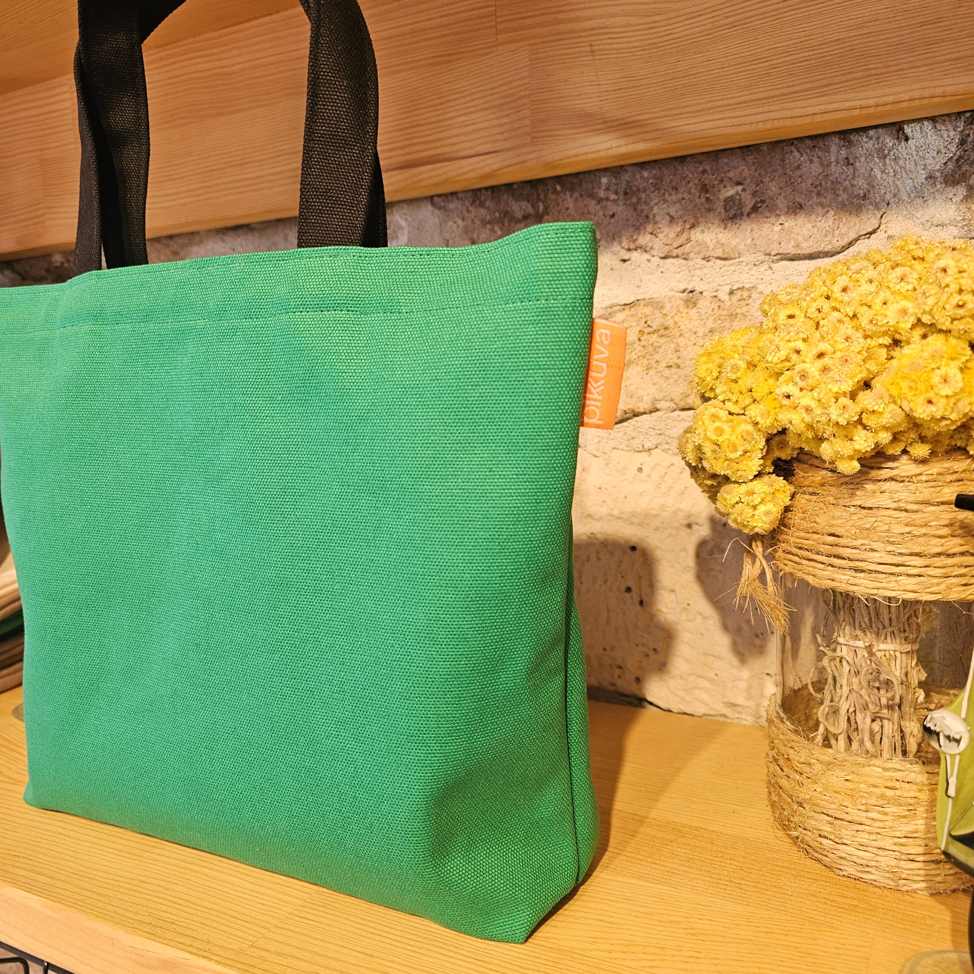Black Pocketed Black Handled Green Canvas Bag image 2