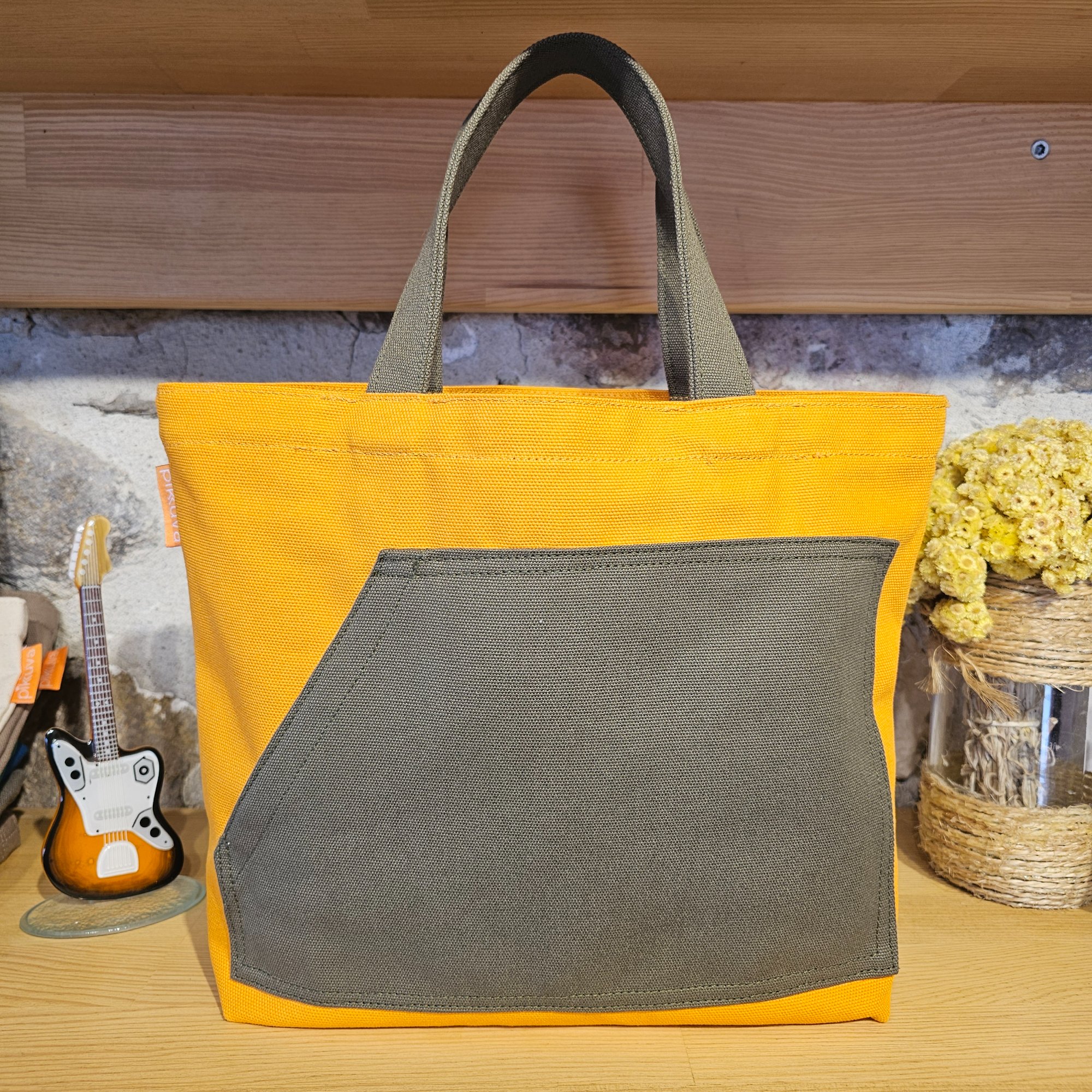 Olive Green Pocketed Olive Green Handled Orange Canvas Bag image 3