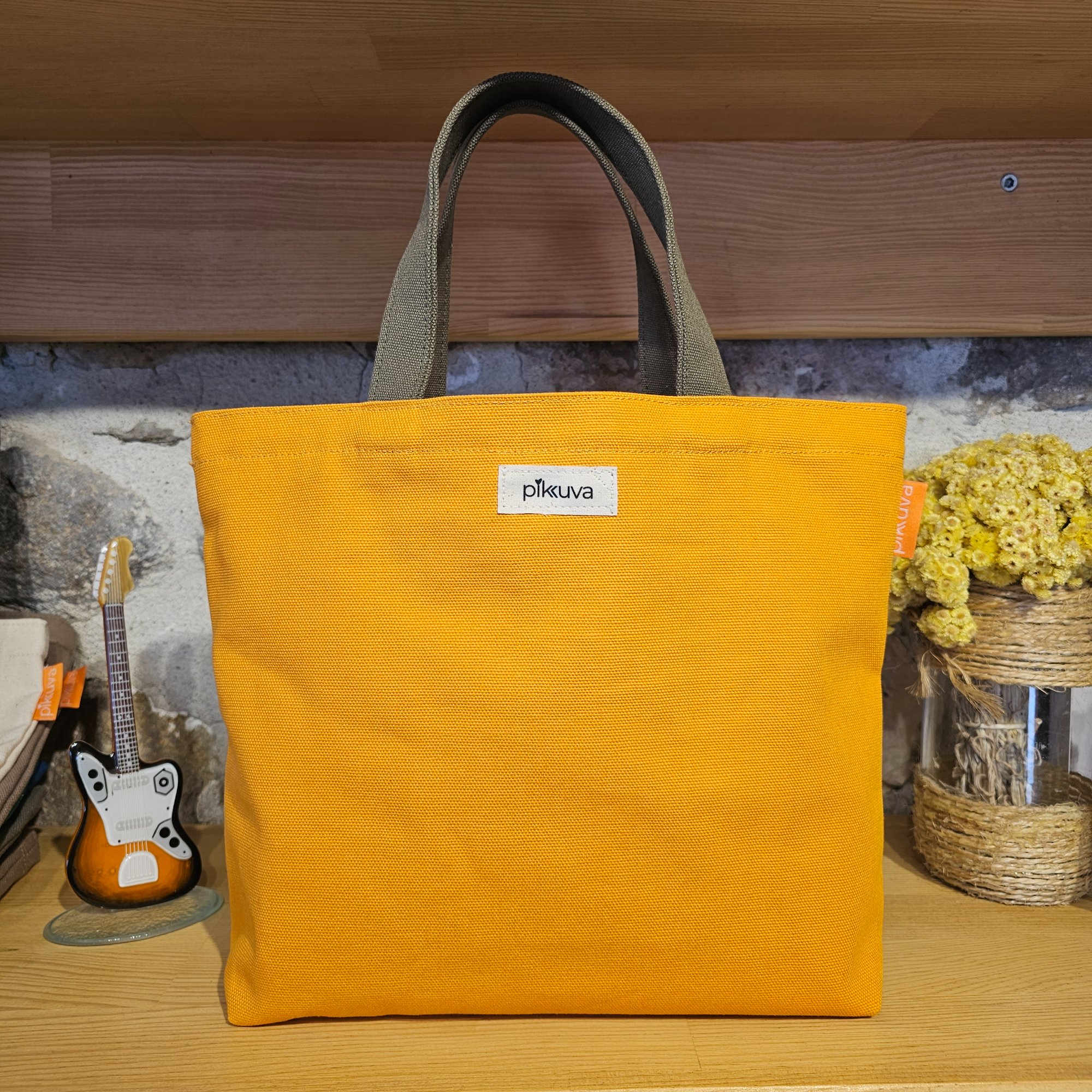 Olive Green Pocketed Olive Green Handled Orange Canvas Bag