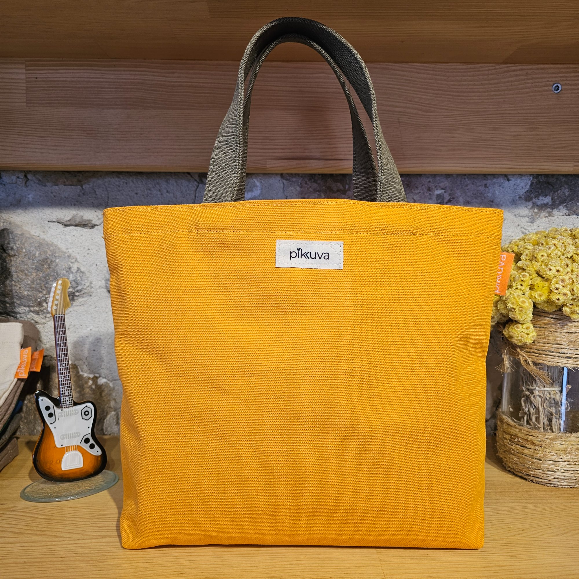 Olive Green Pocketed Olive Green Handled Orange Canvas Bag image 2