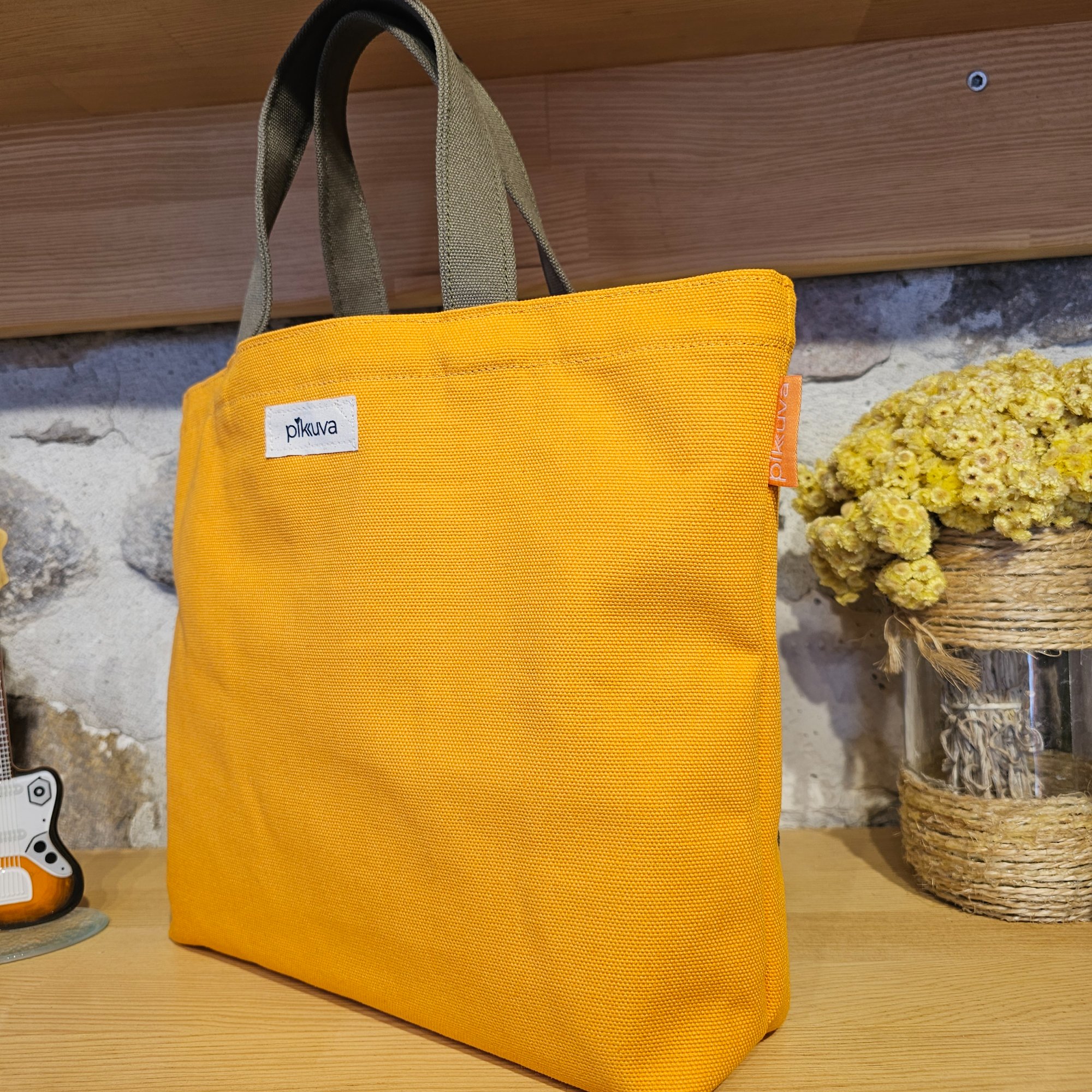 Olive Green Pocketed Olive Green Handled Orange Canvas Bag image 5