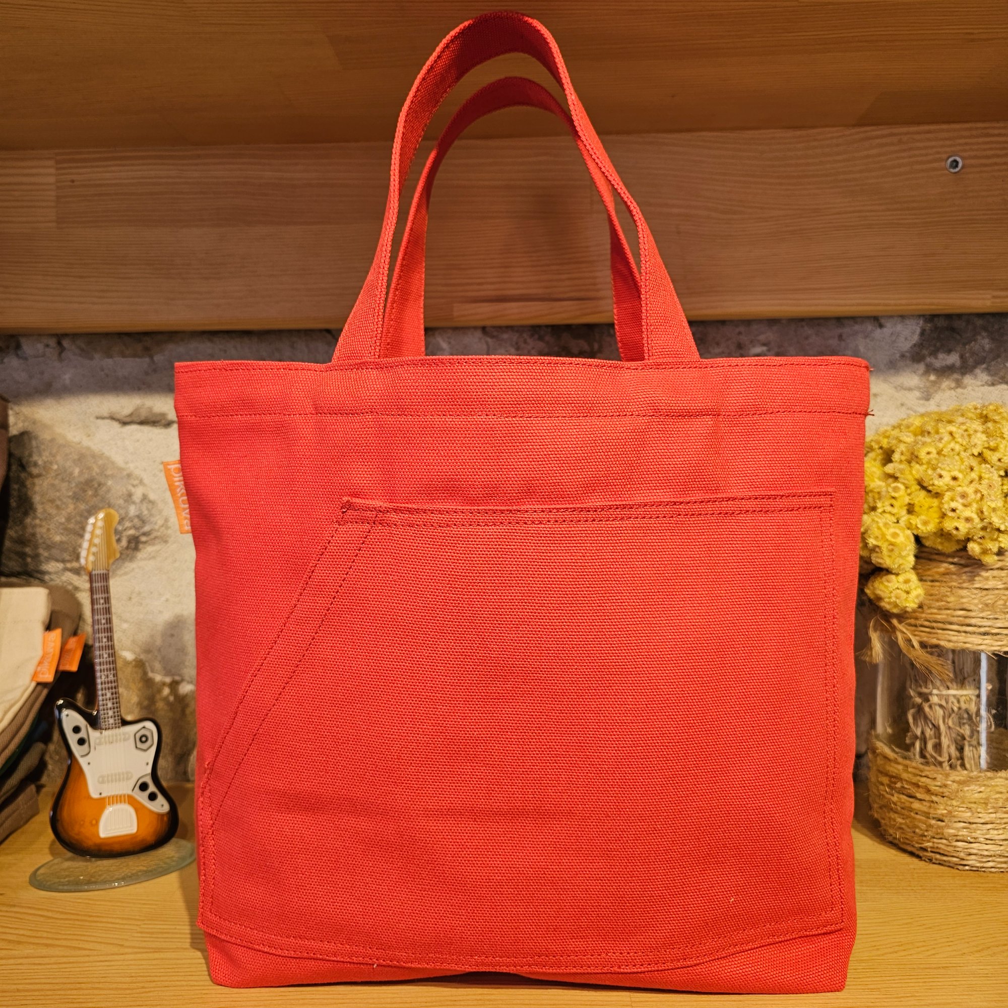 Red Canvas Bag with External Pocket and Red Handles image 4