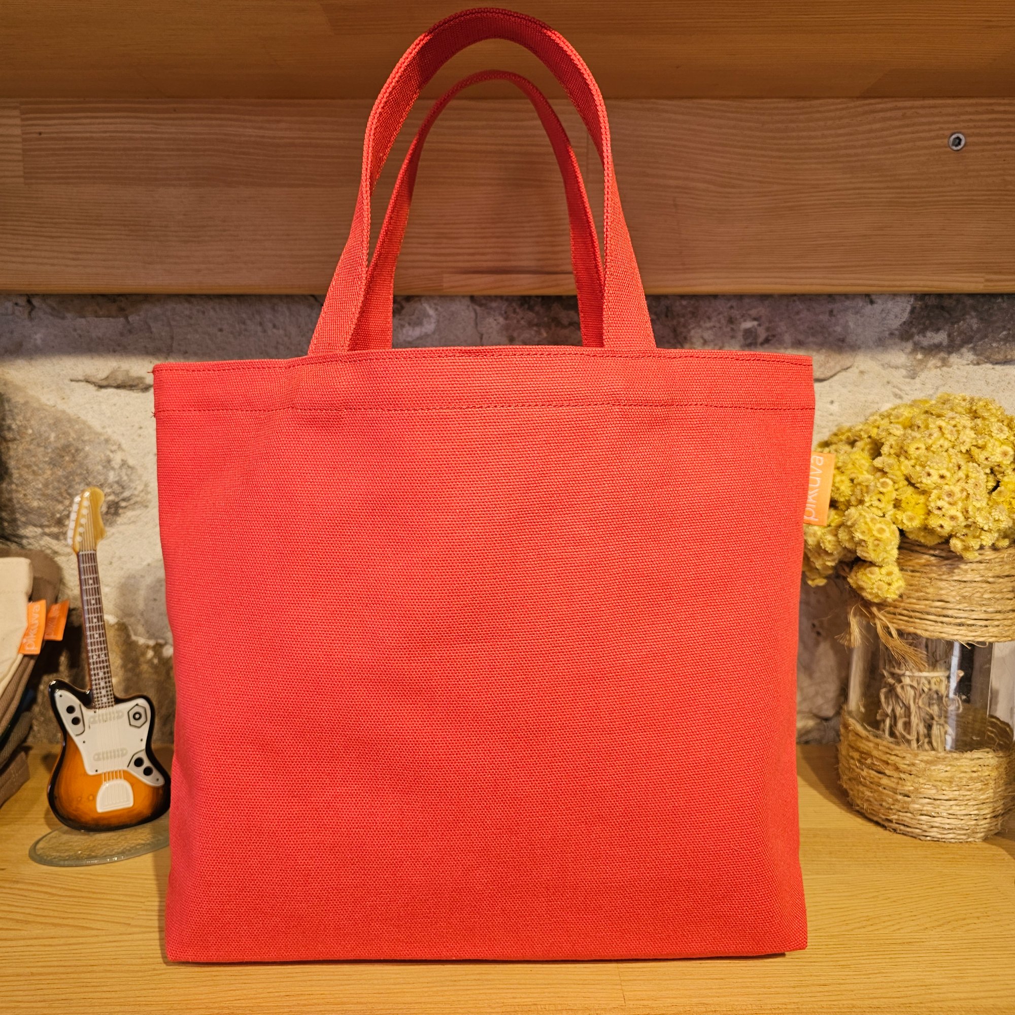 Red Canvas Bag with External Pocket and Red Handles