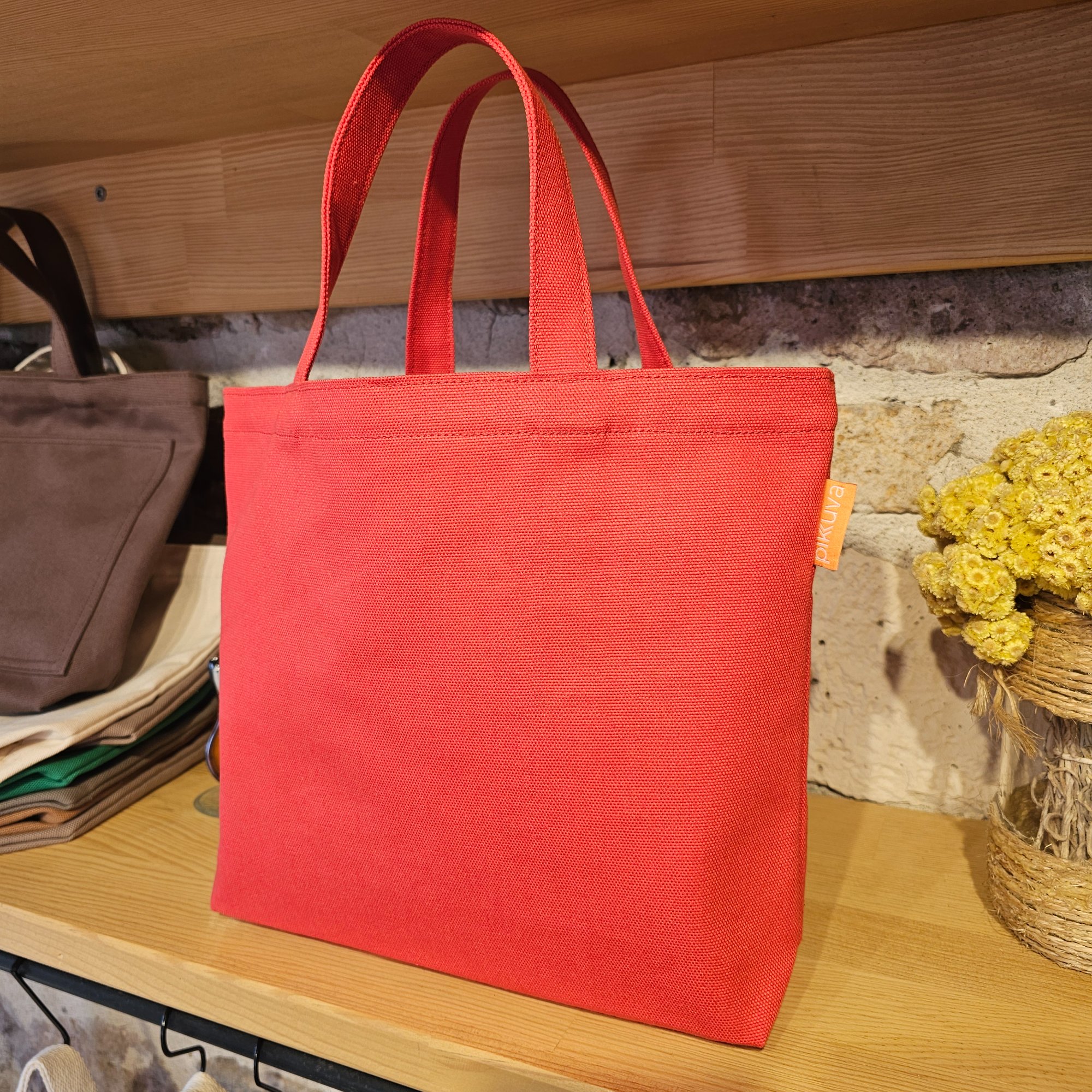 Red Canvas Bag with External Pocket and Red Handles image 2