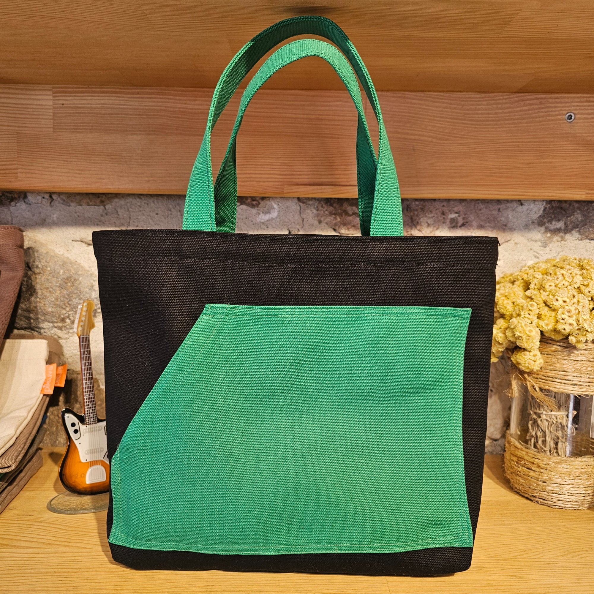 Green Pocketed Green Handled Black Canvas Bag image 4