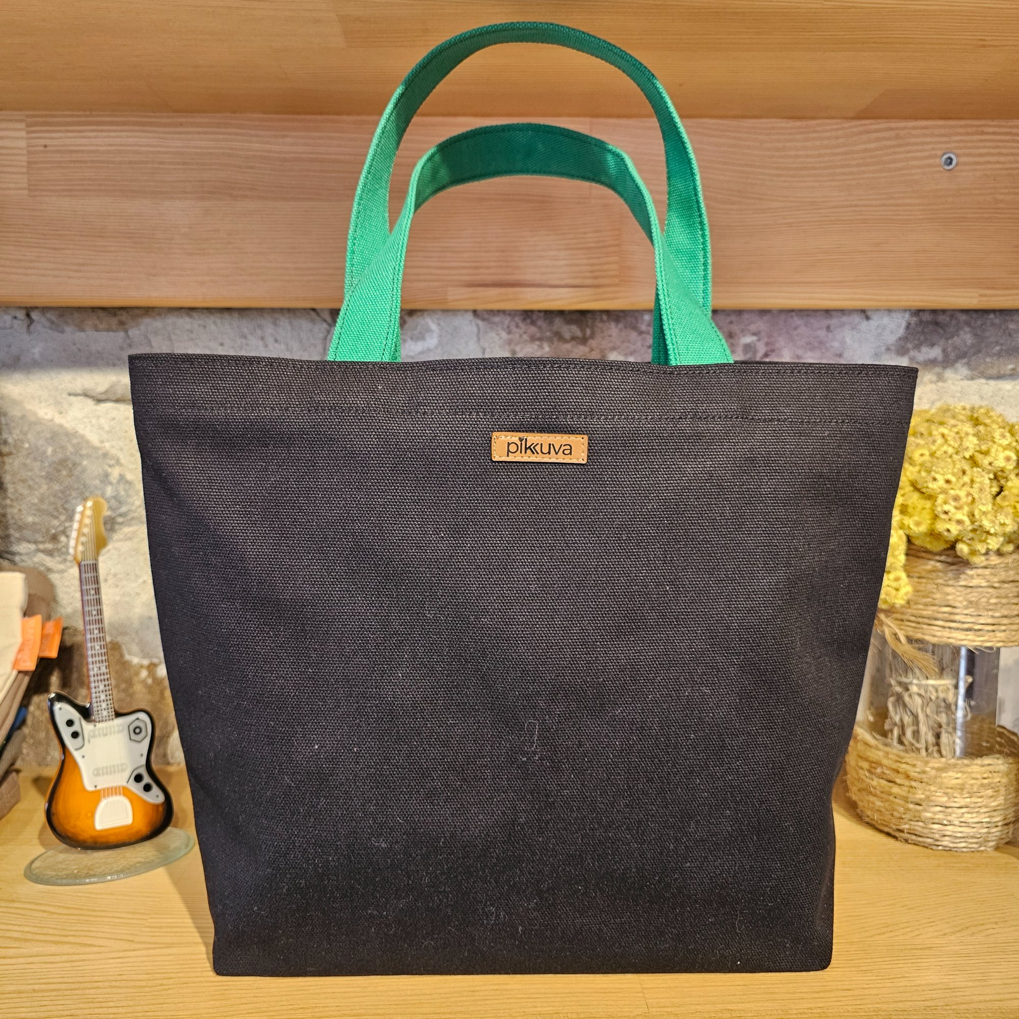 Green Pocketed Green Handled Black Canvas Bag