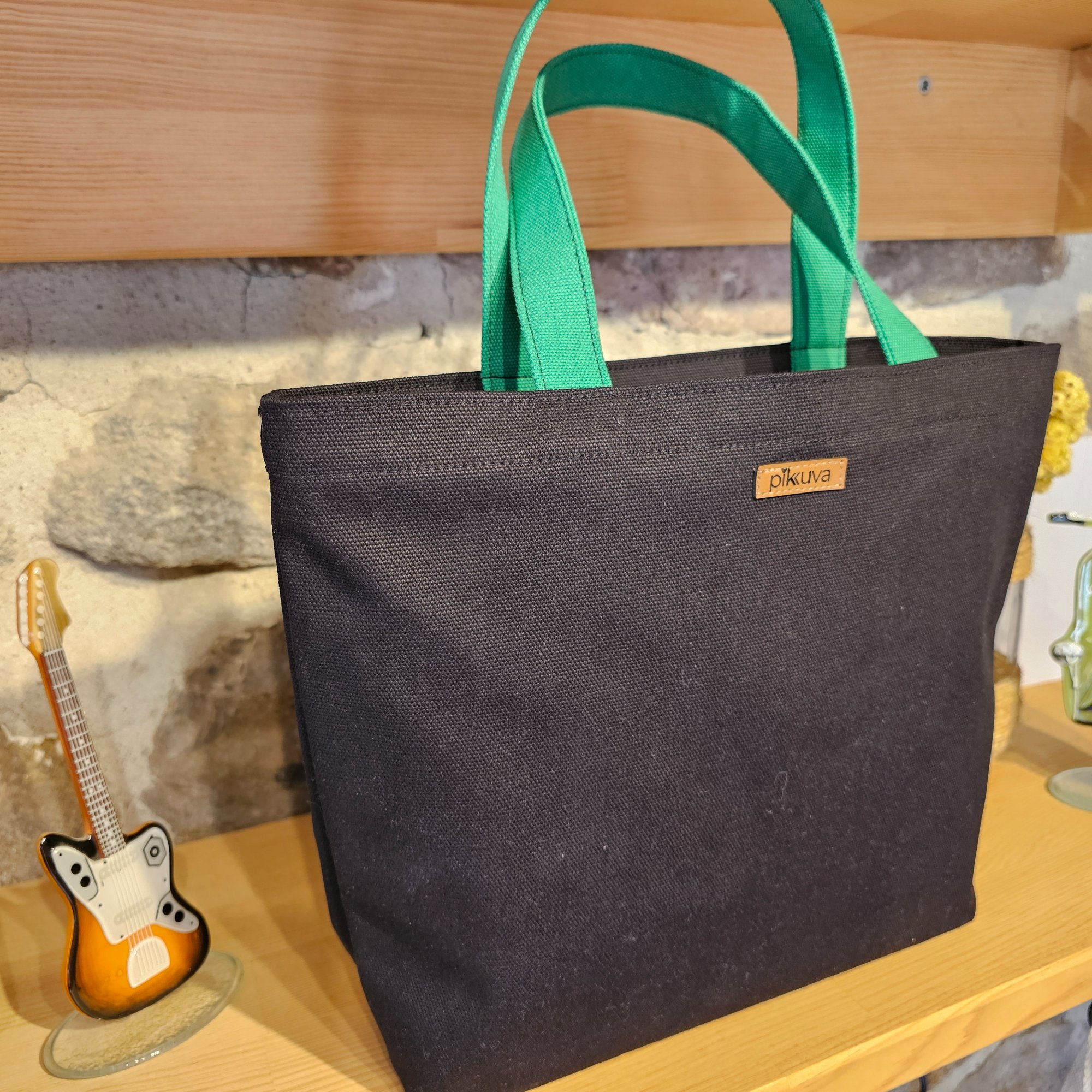 Green Pocketed Green Handled Black Canvas Bag image 2