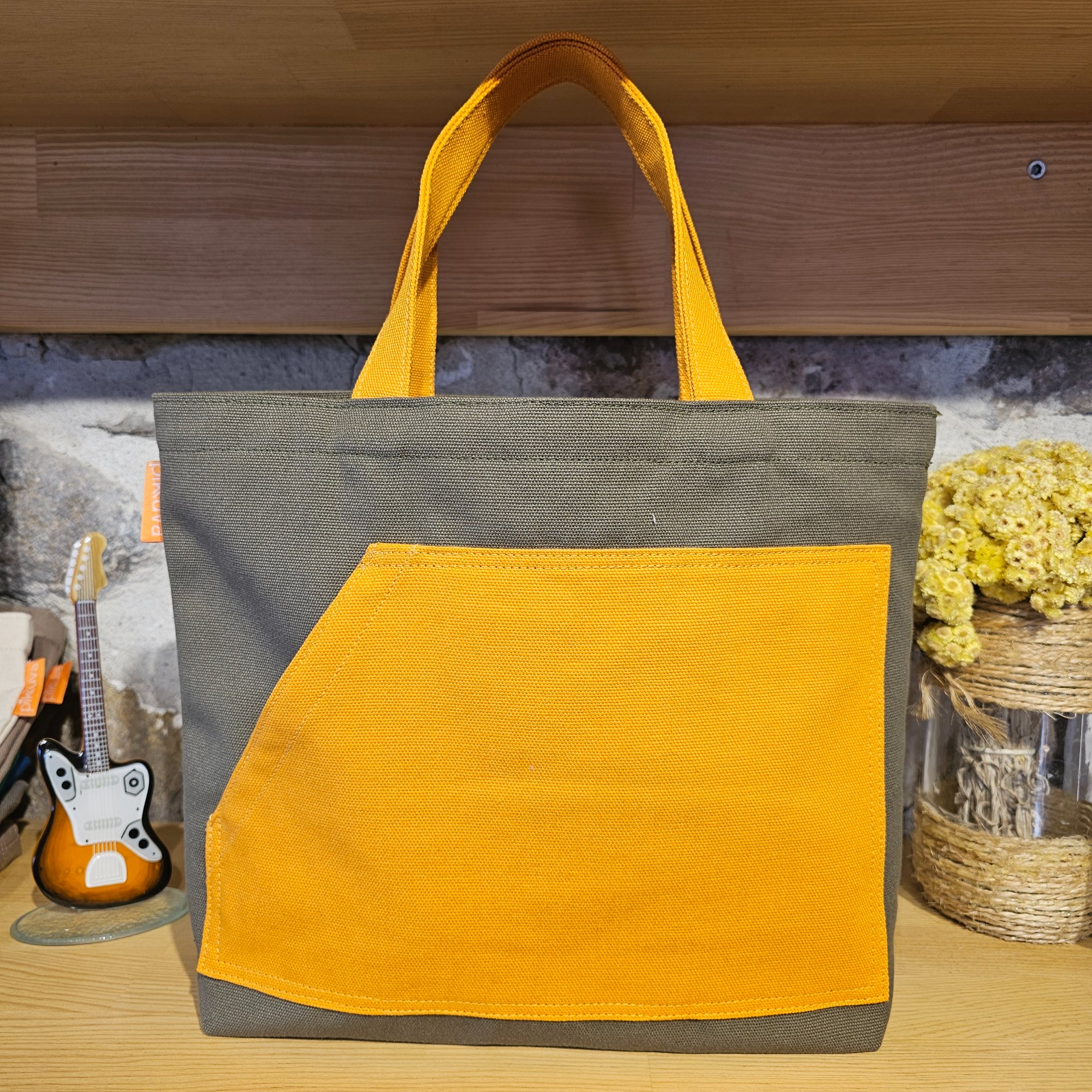 Orange Pocketed Olive Green Canvas Bag with Orange Handles image 4