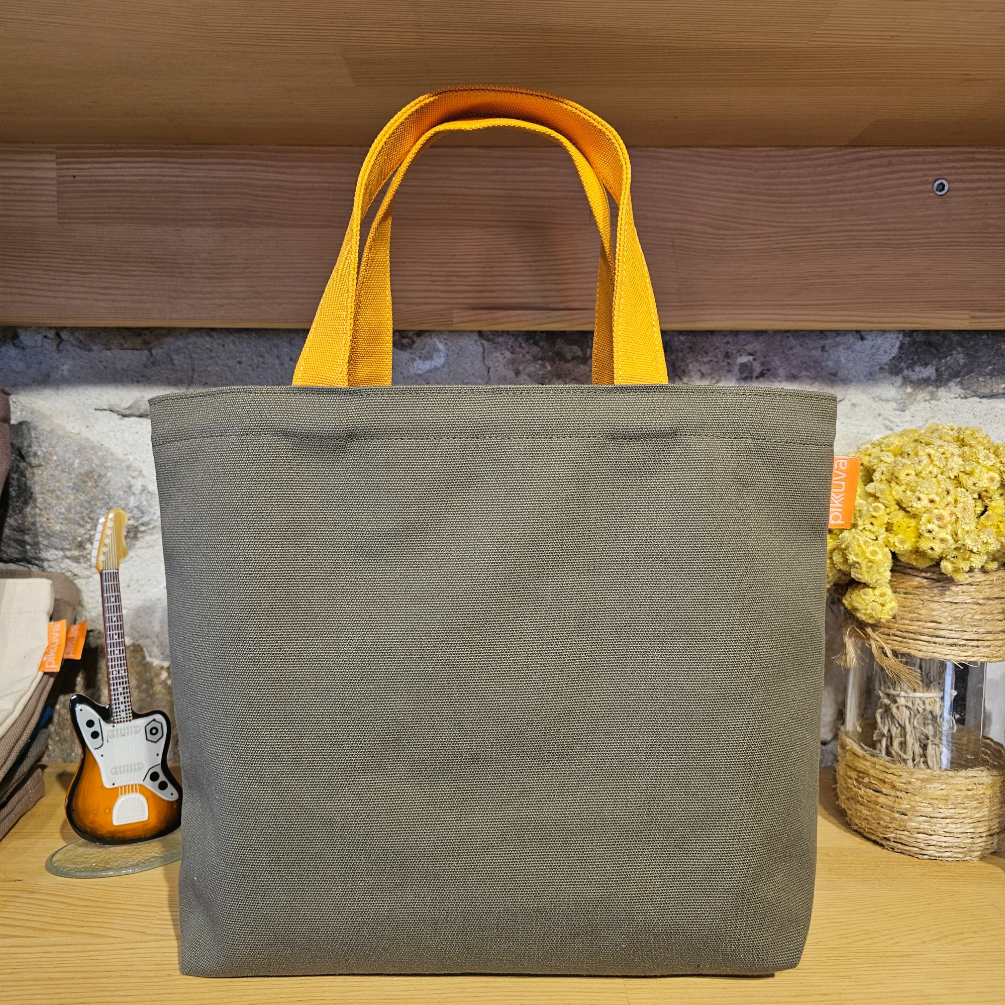 Orange Pocketed Olive Green Canvas Bag with Orange Handles