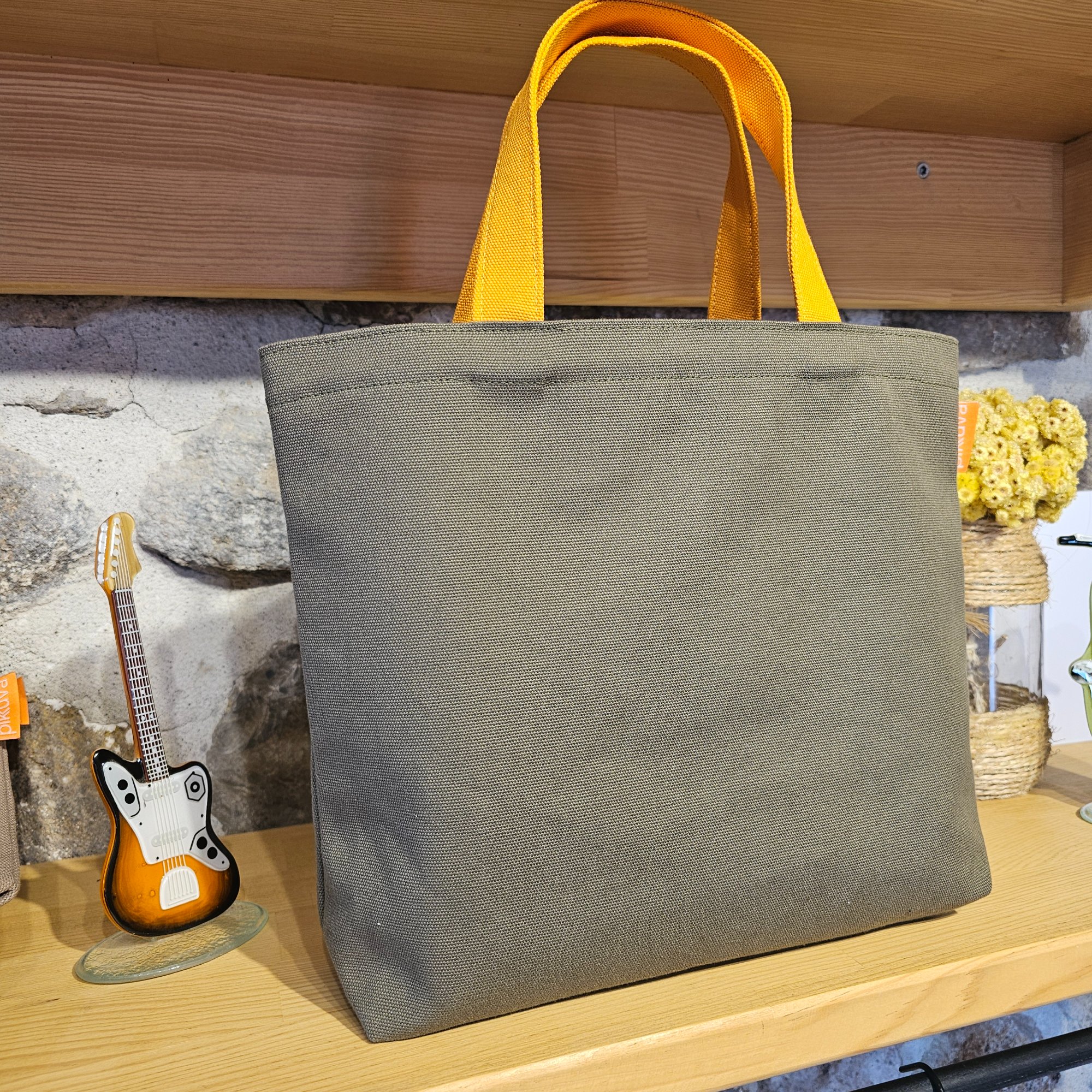 Orange Pocketed Olive Green Canvas Bag with Orange Handles image 3