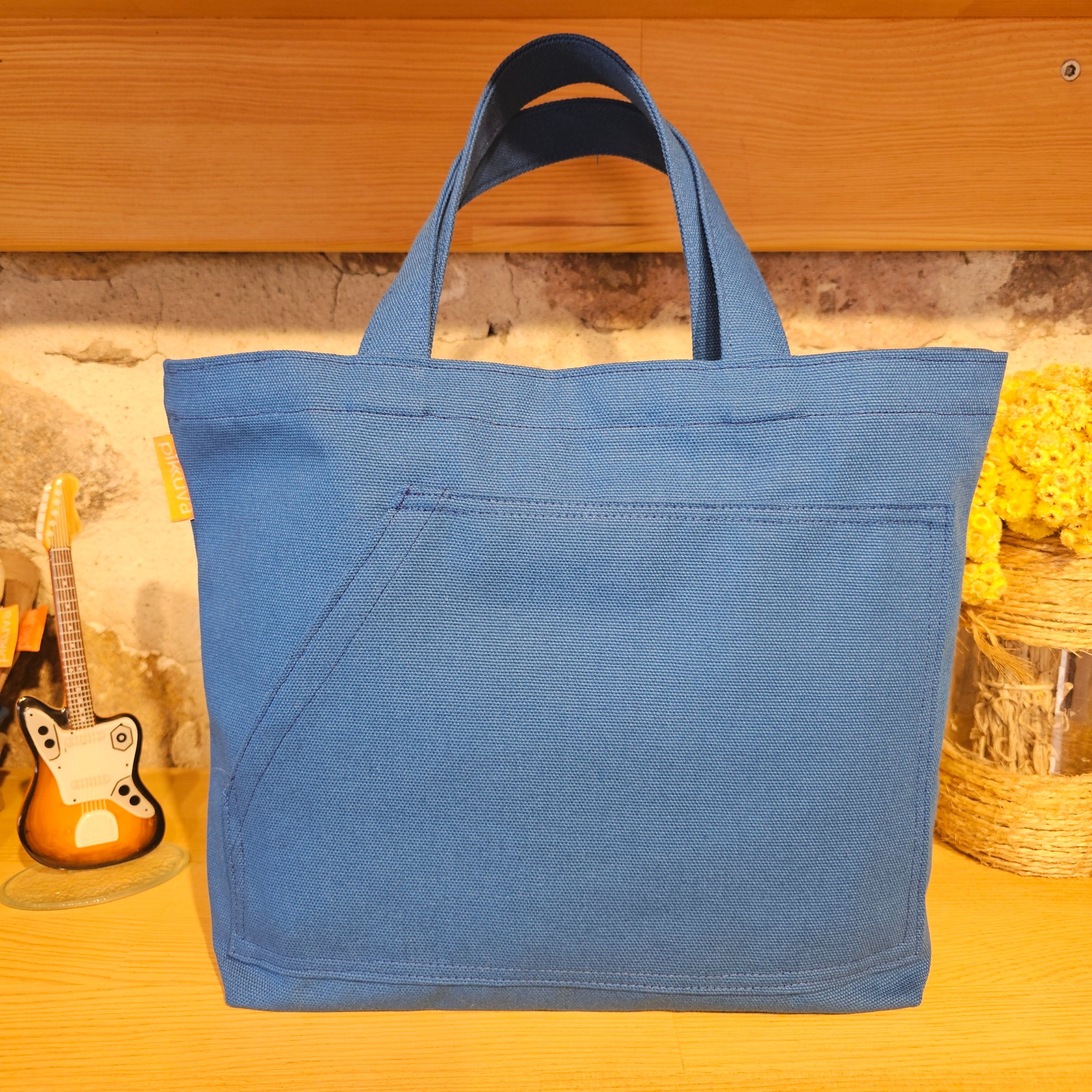 Blue Canvas Bag with Blue Handles and External Pocket image 4