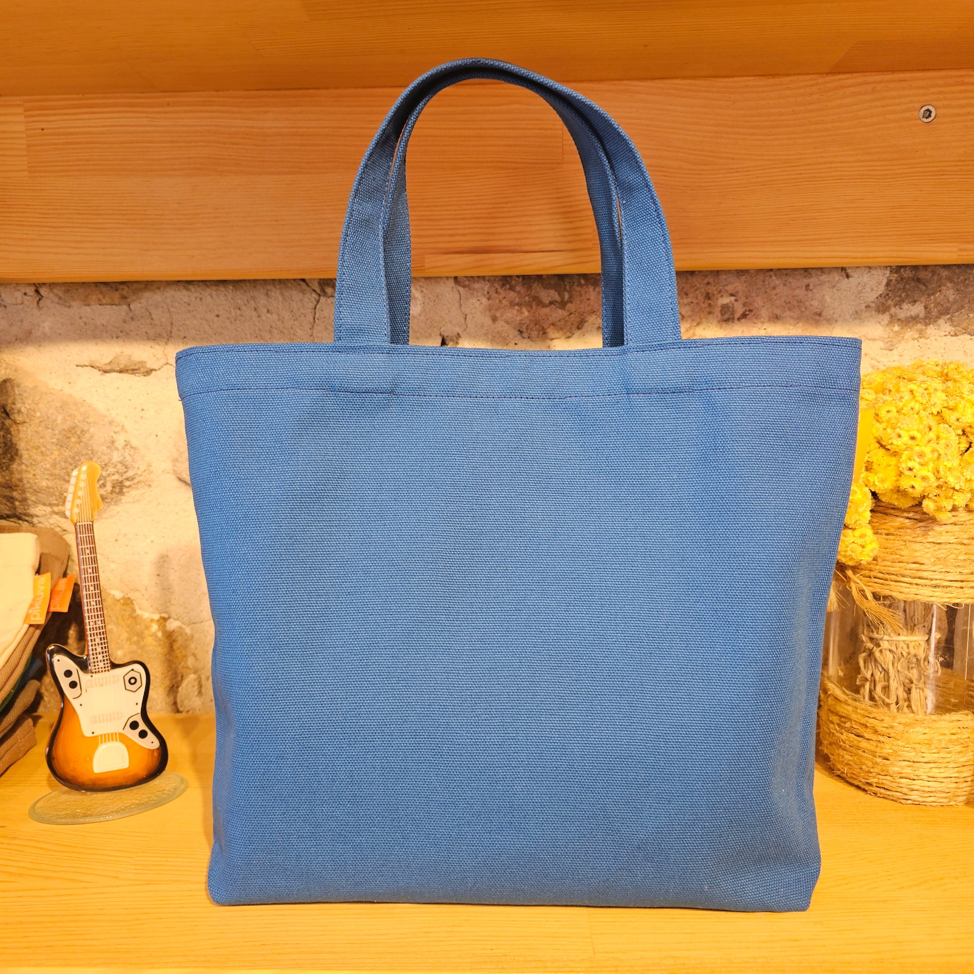 Blue Canvas Bag with Blue Handles and External Pocket