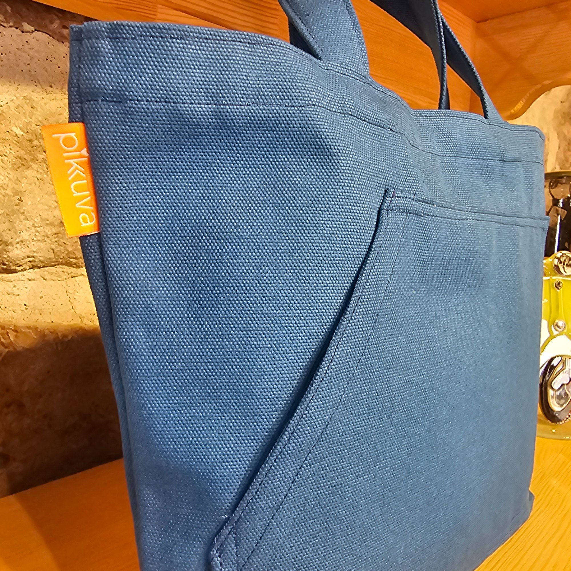 Blue Canvas Bag with Blue Handles and External Pocket image 5