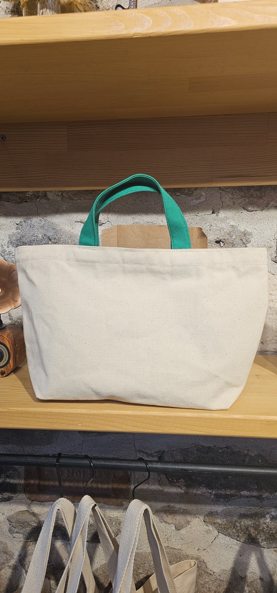 Green Handled Snap Closure Natural Canvas Bag image 3
