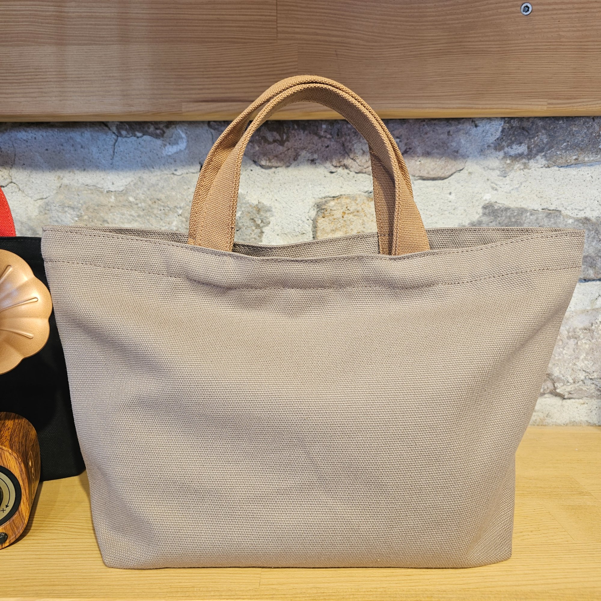 Beige Canvas Bag with Camel Handle and Snap Closure image 3