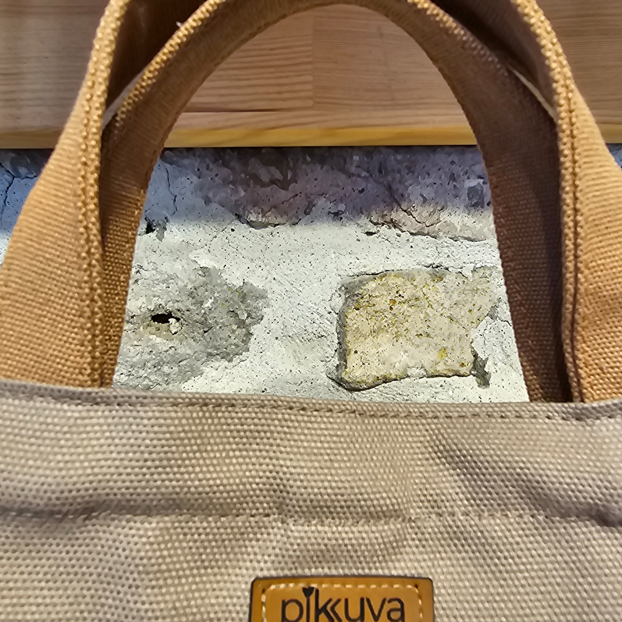 Beige Canvas Bag with Camel Handle and Snap Closure image 4
