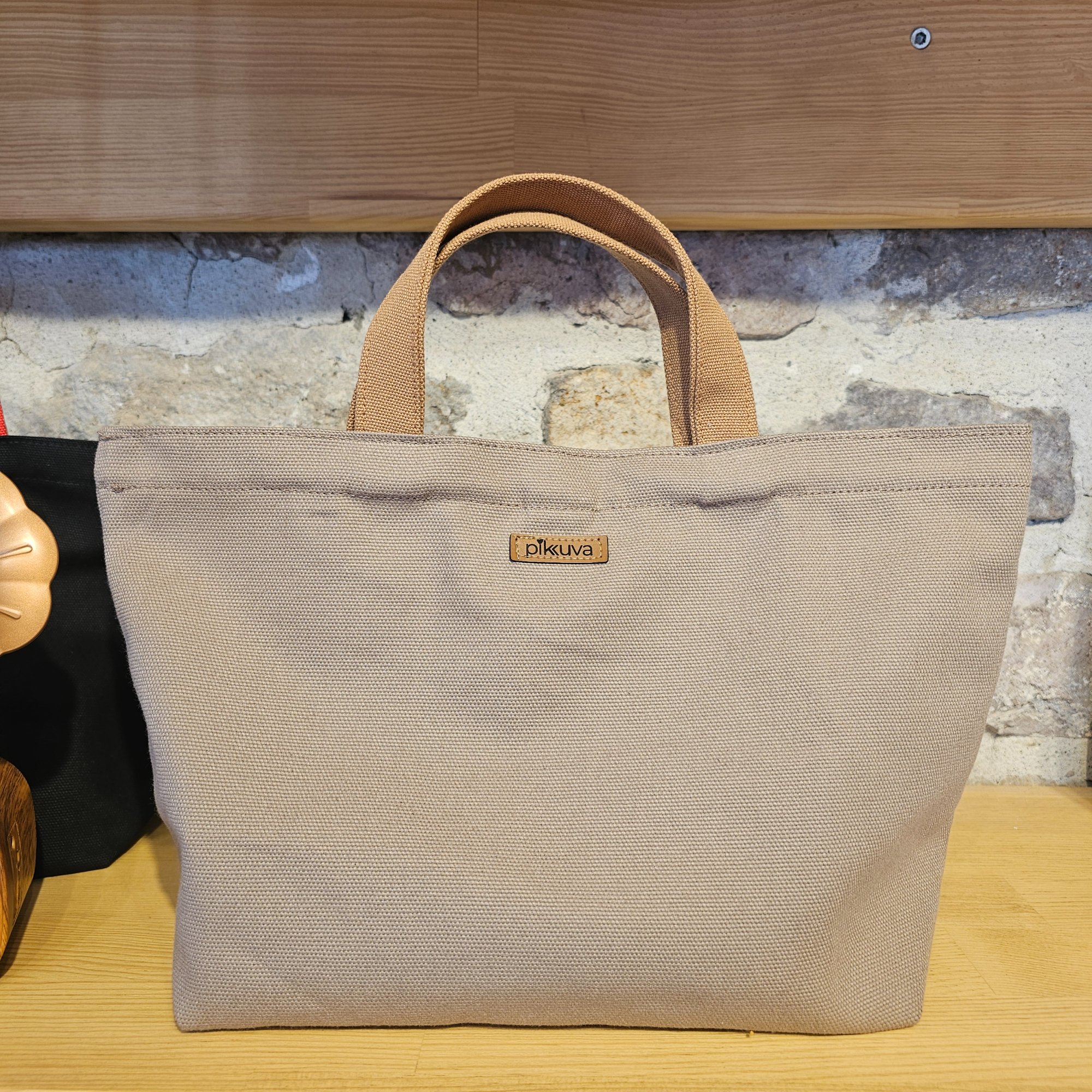 Beige Canvas Bag with Camel Handle and Snap Closure image 2