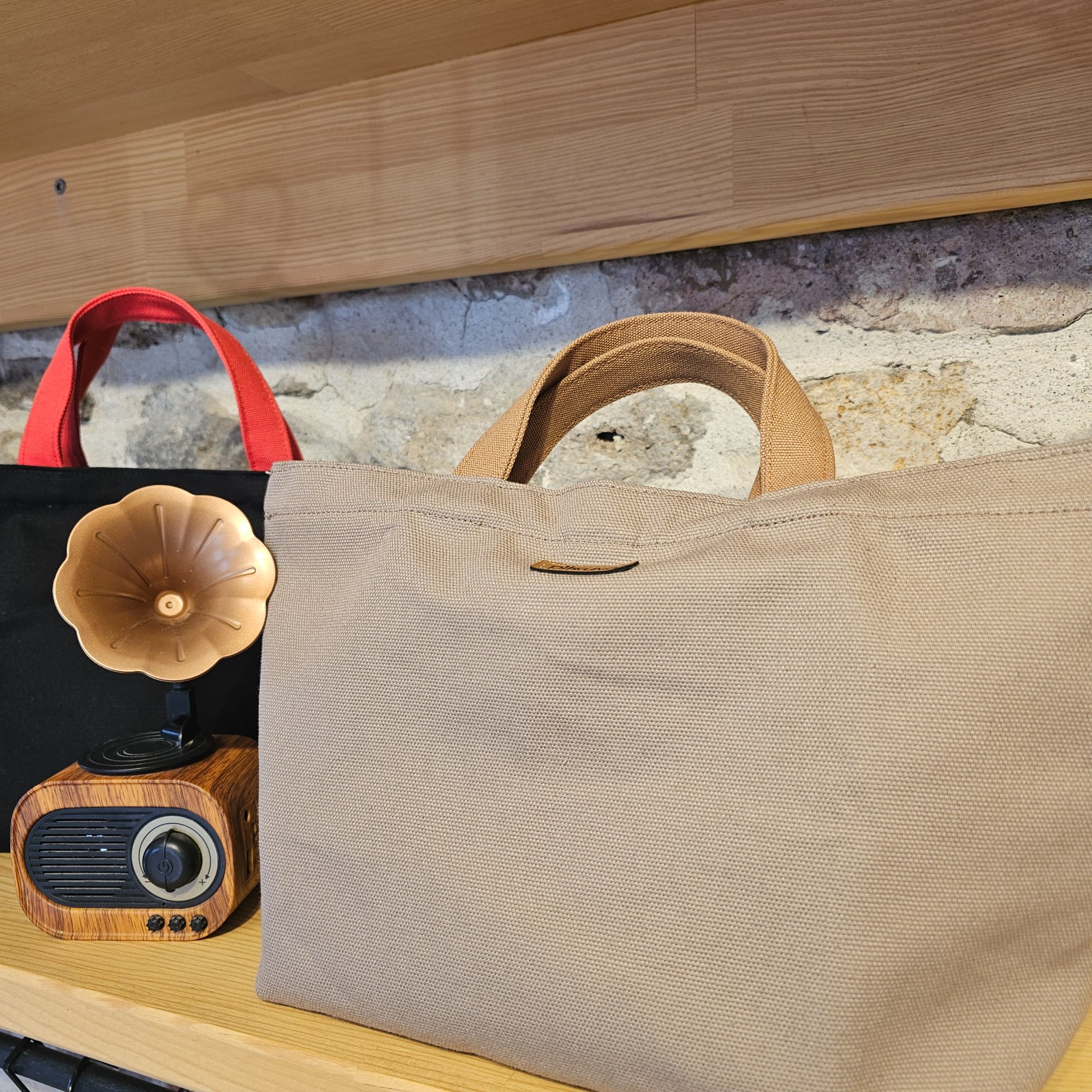 Beige Canvas Bag with Camel Handle and Snap Closure image 5