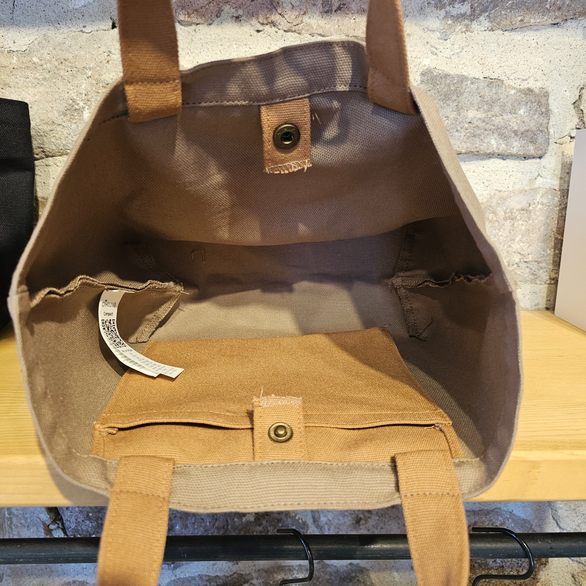 Beige Canvas Bag with Camel Handle and Snap Closure image 6