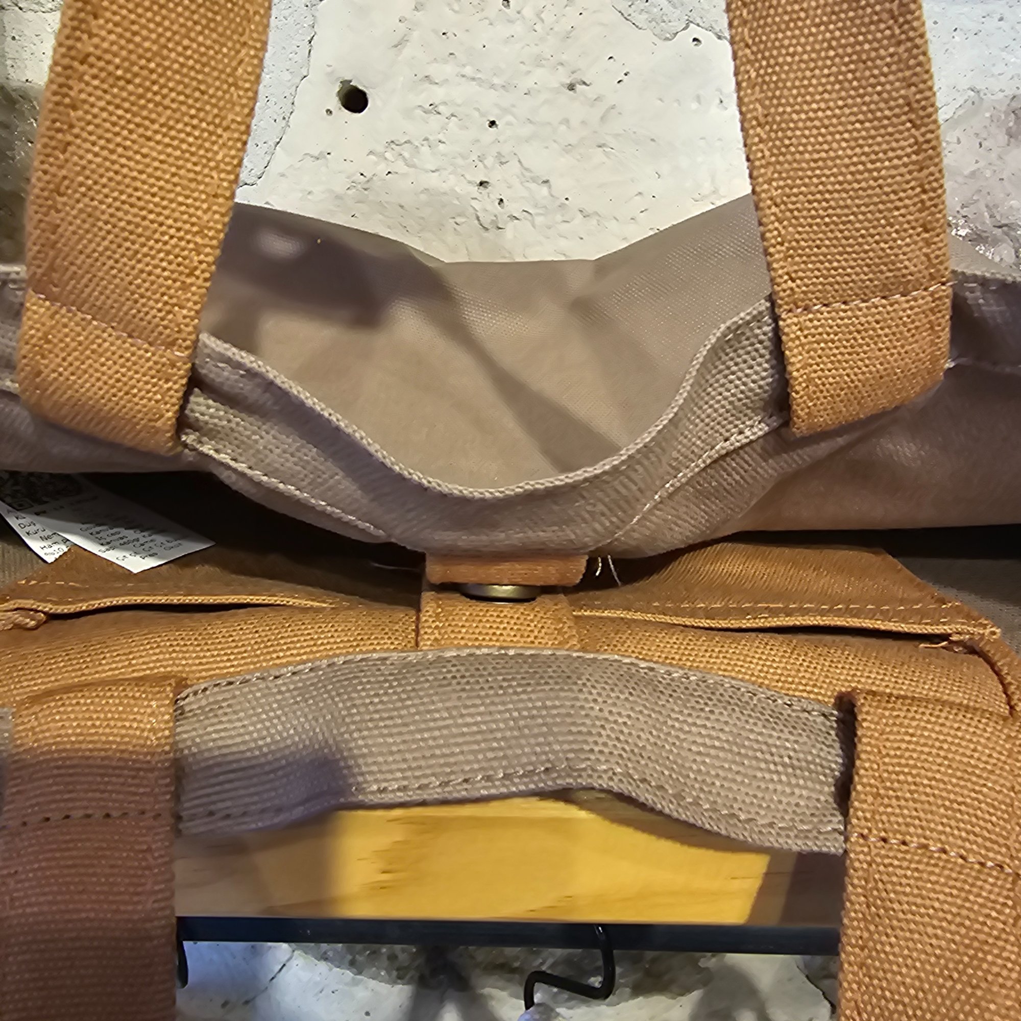 Beige Canvas Bag with Camel Handle and Snap Closure image 7