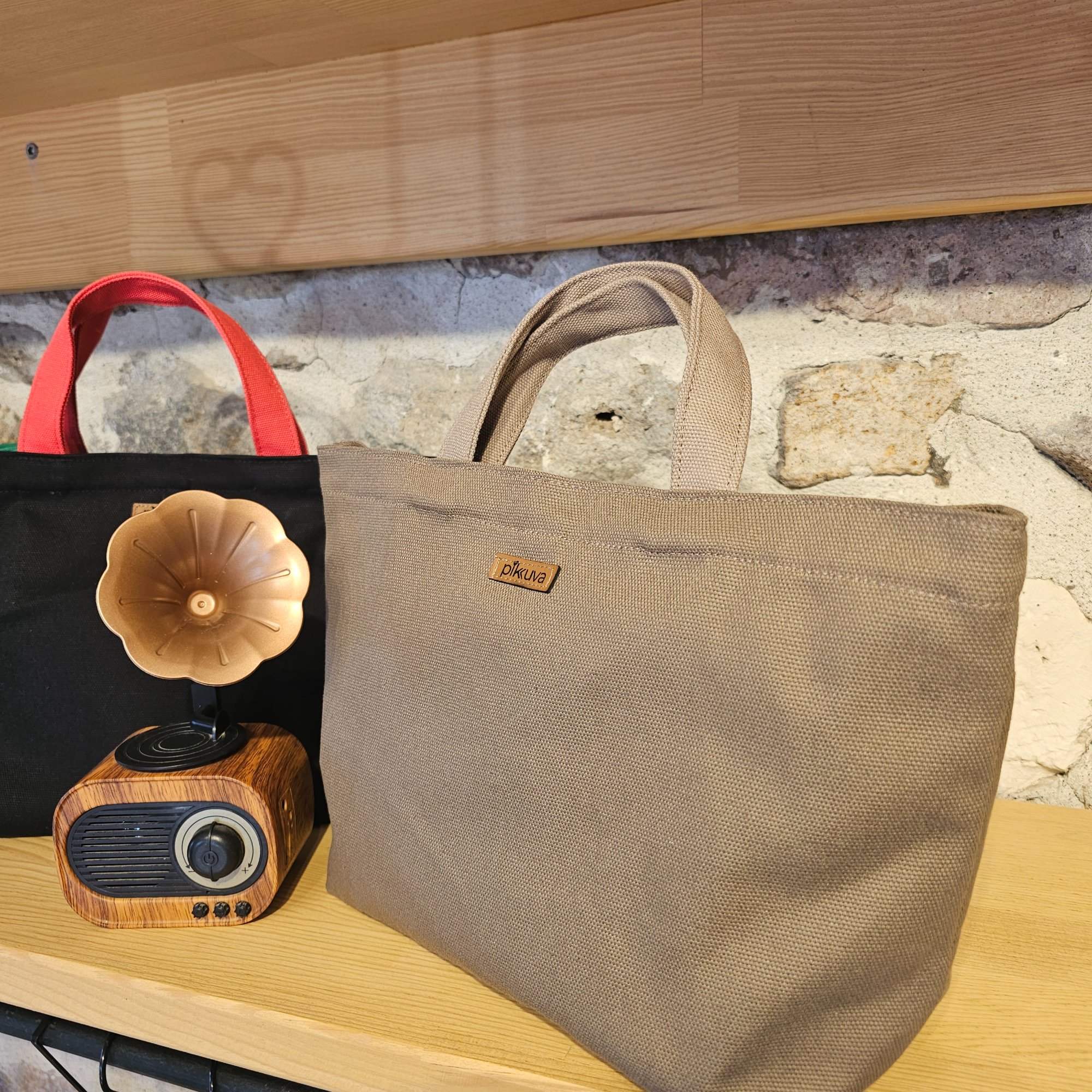 Beige Handled Snap Closure Dark Camel Canvas Bag image 5