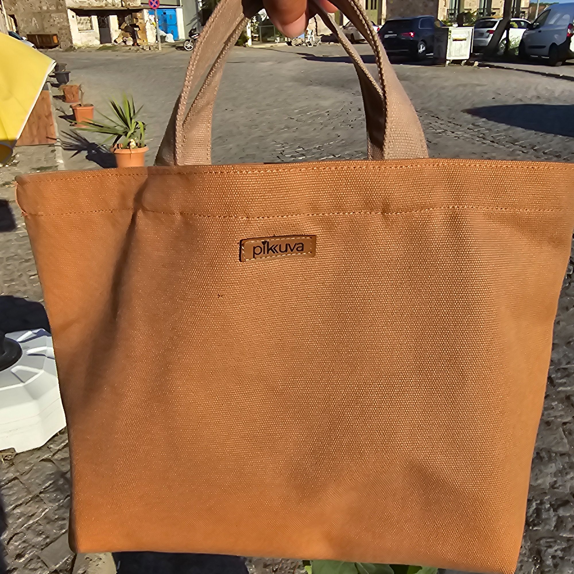 Beige Handle Snap Closure Camel Canvas Bag image 2