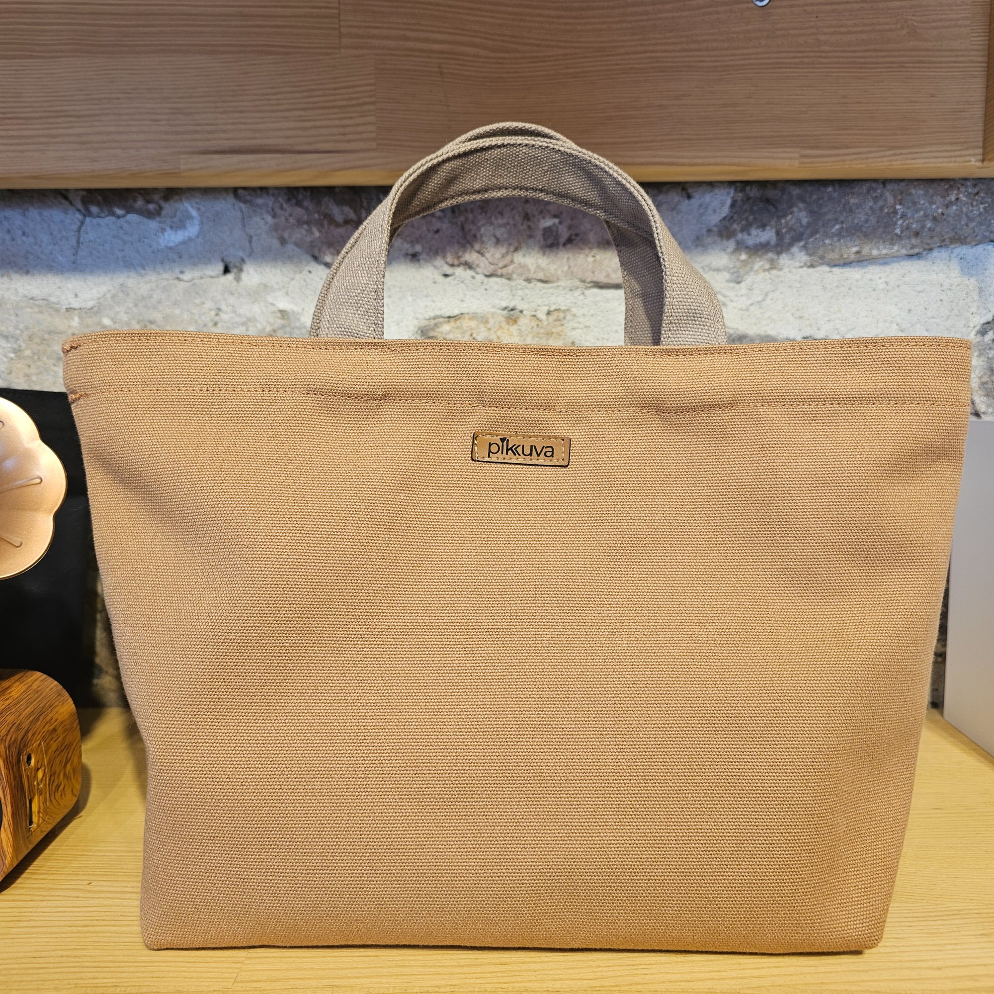 Beige Handle Snap Closure Camel Canvas Bag image 4