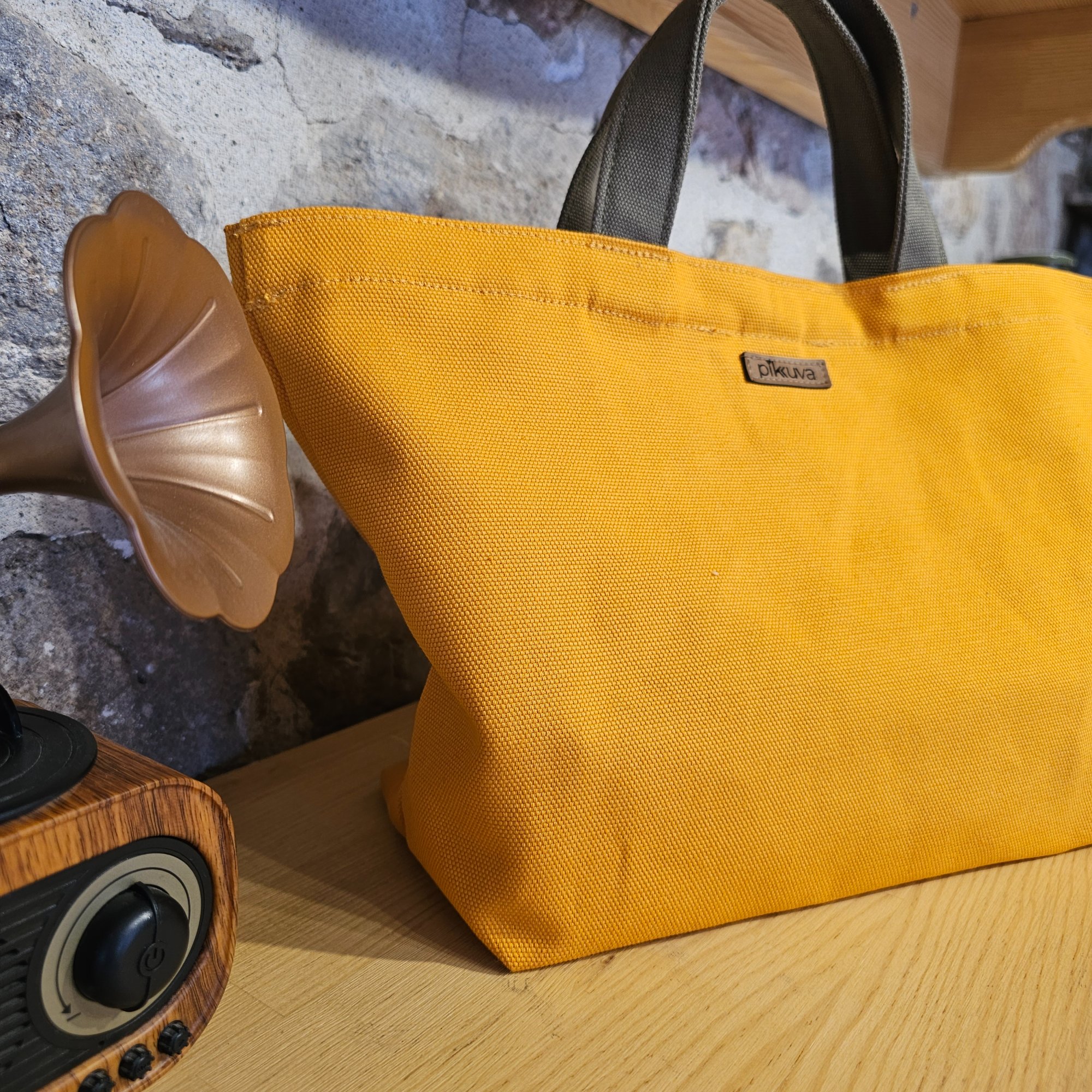 Orange Canvas Bag with Haki Handle and Snap Closure image 4