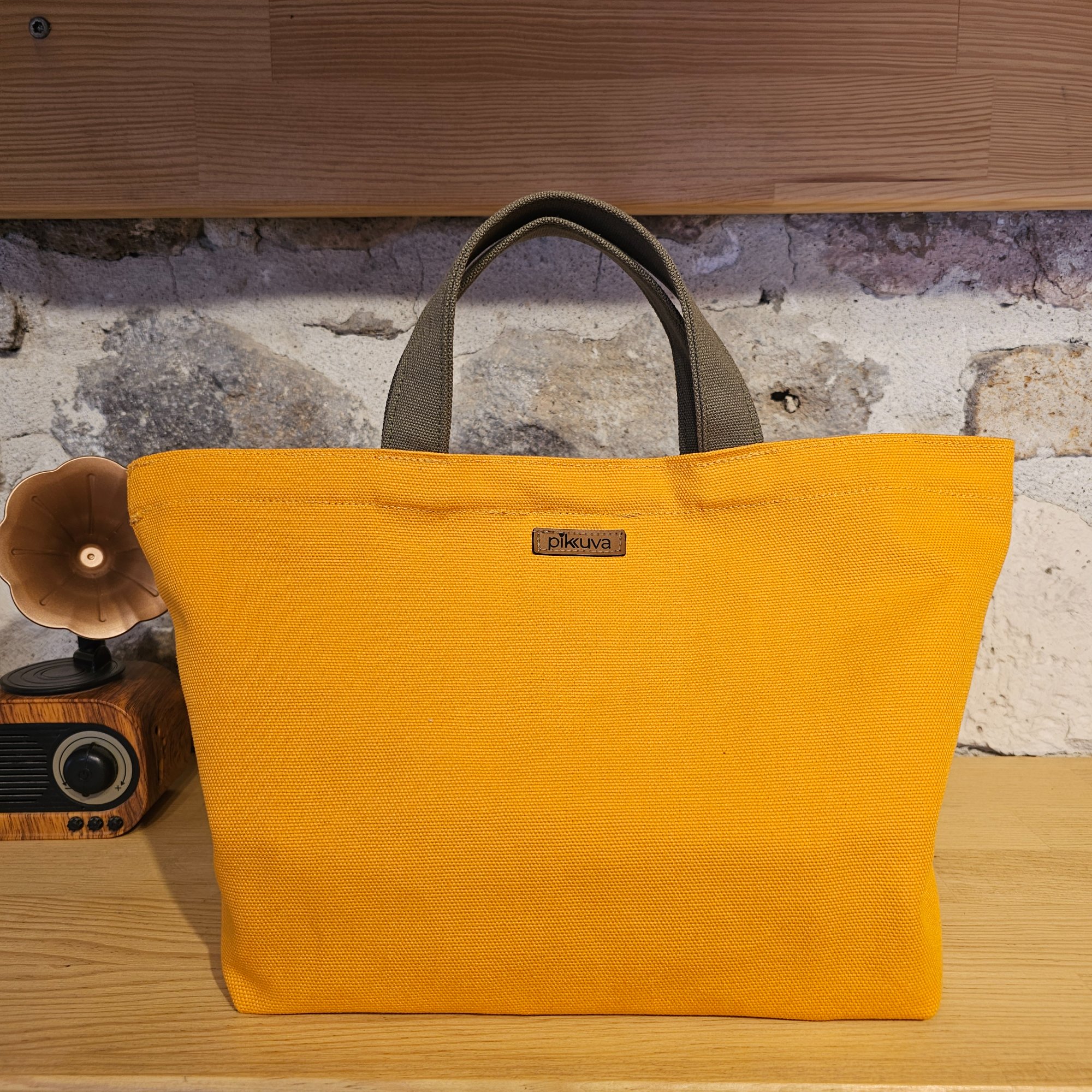 Orange Canvas Bag with Haki Handle and Snap Closure image 2