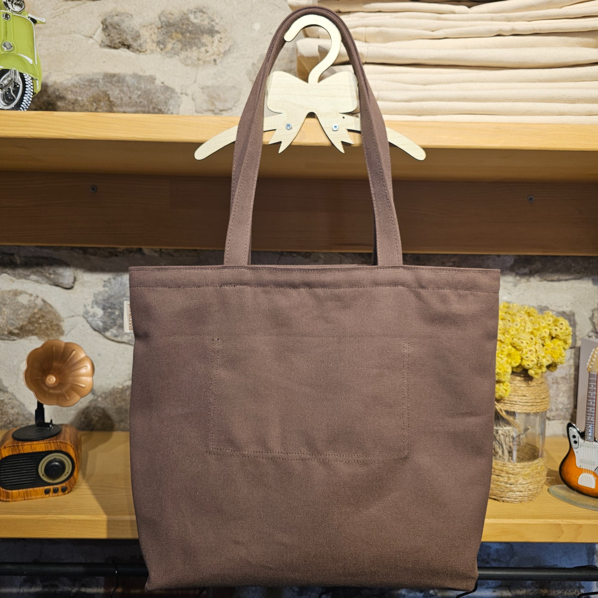 Model-5 Cat Blue Rigid Tote (Stiff Bag) - Fabric, 460g Canvas, Brown, Lining, Poplin, Light Green Ground with Yellow Flowers, Velcro, 2cm Width, Black, Zipper, Type-6 Bone, Dark Brown, Tag, Leather Pikkuva, Light Tan, Keychain image 5
